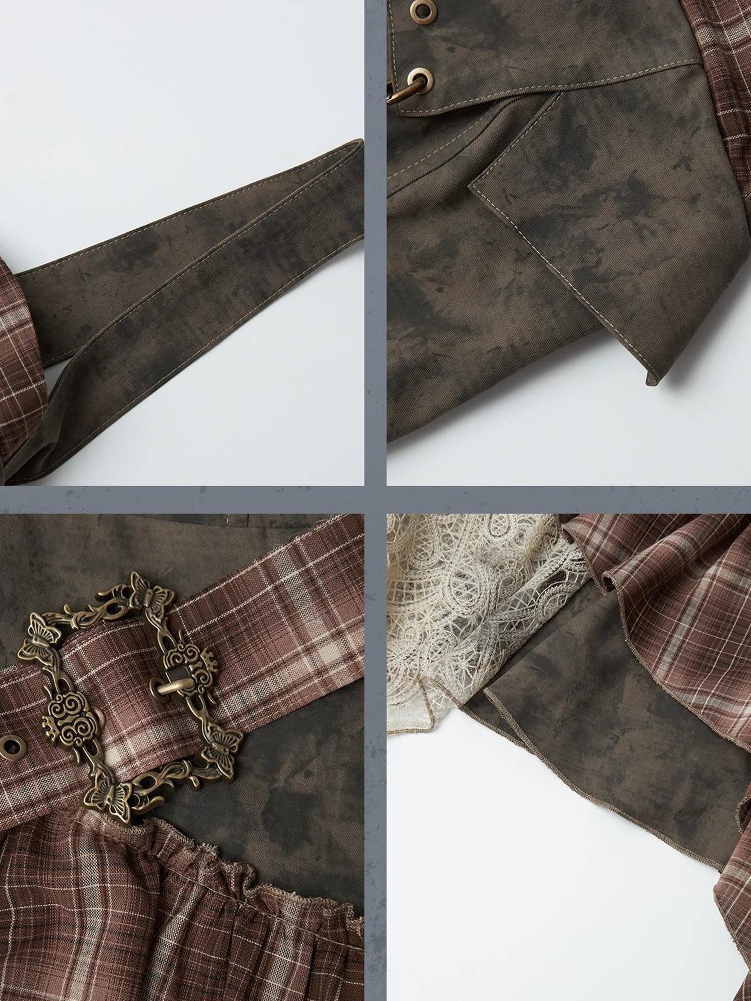 Lace Checkered Asymmetric Hem Belted Dress