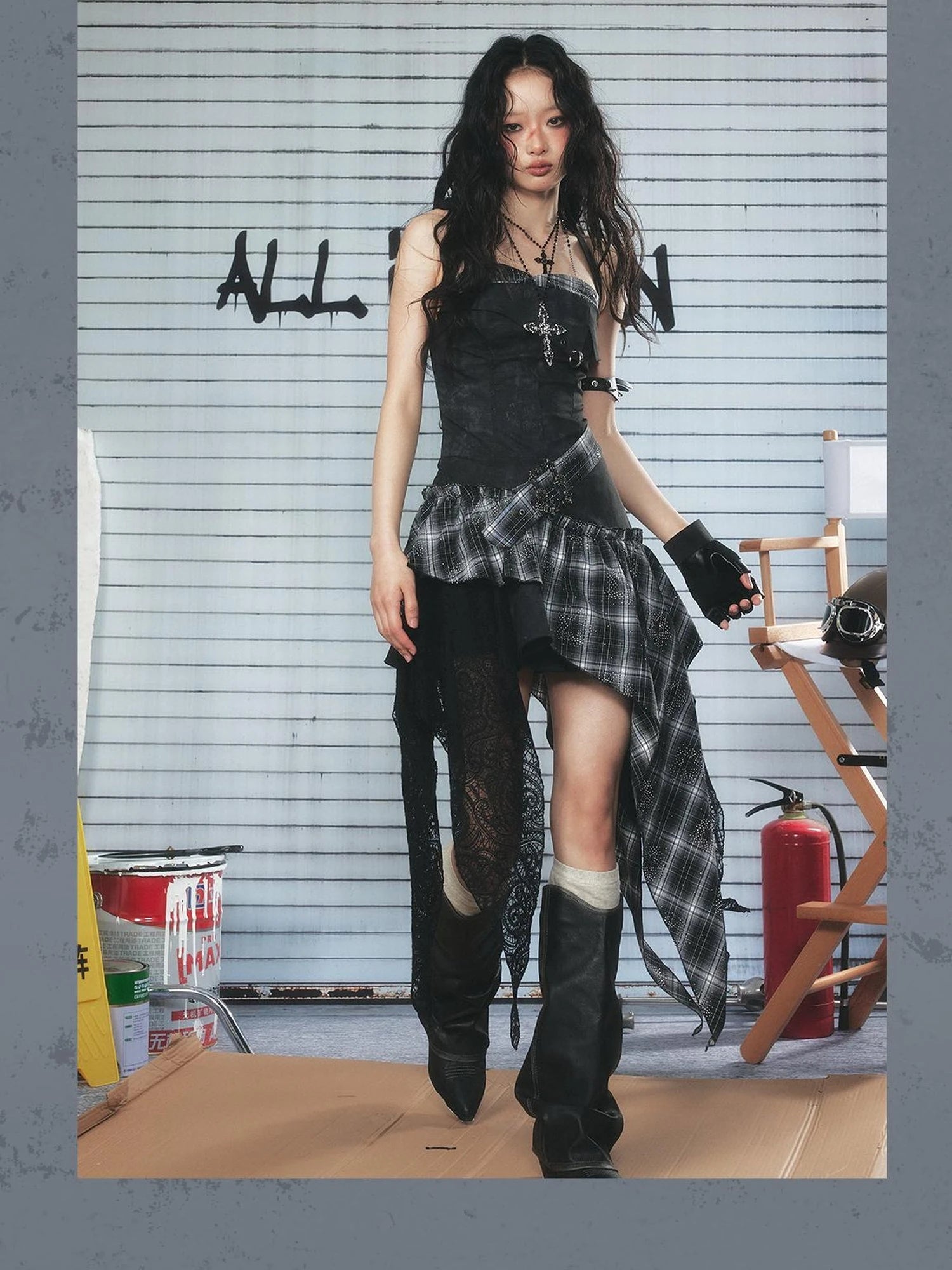 Lace Checkered Asymmetric Hem Belted Dress