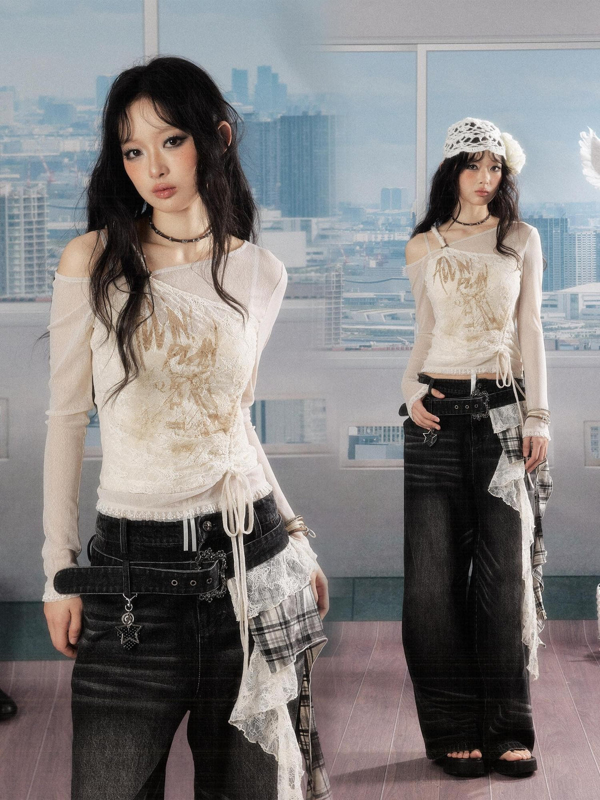 ALL iN plan Lace Print Asymmetric One Shoulder Slim Fit Women&