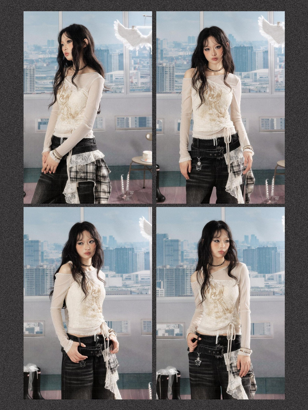 ALL iN plan Lace Print Asymmetric One Shoulder Slim Fit Women&