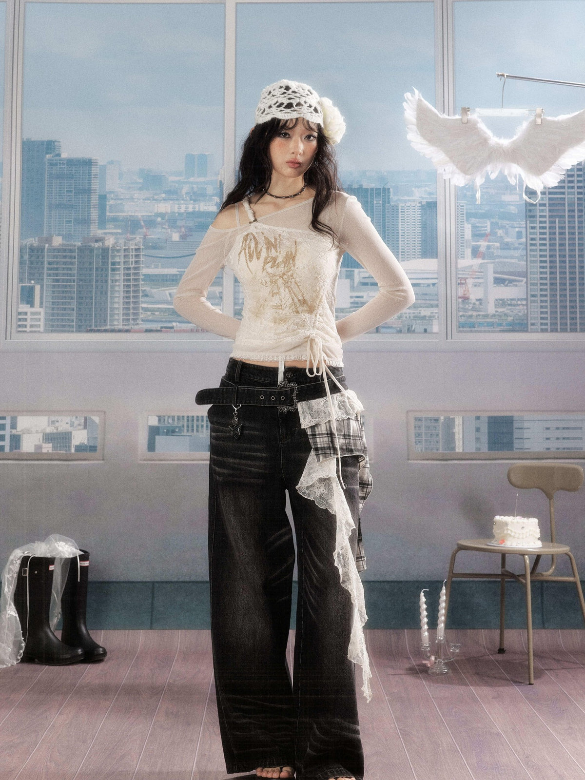 ALL iN plan Lace Print Asymmetric One Shoulder Slim Fit Women&