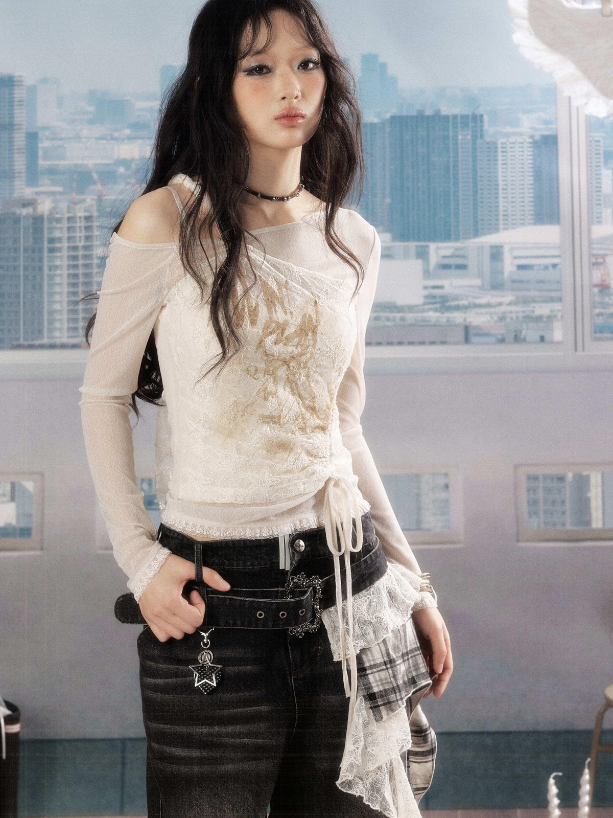 ALL iN plan Lace Print Asymmetric One Shoulder Slim Fit Women&