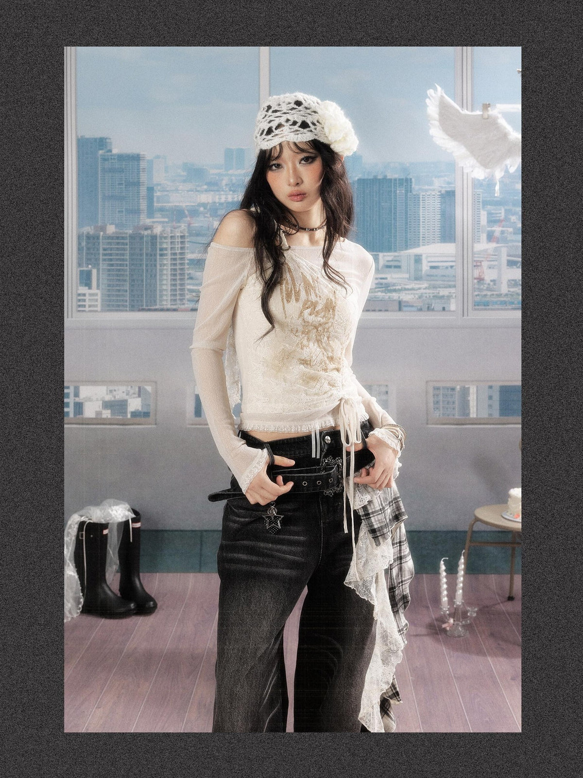 ALL iN plan Lace Print Asymmetric One Shoulder Slim Fit Women&
