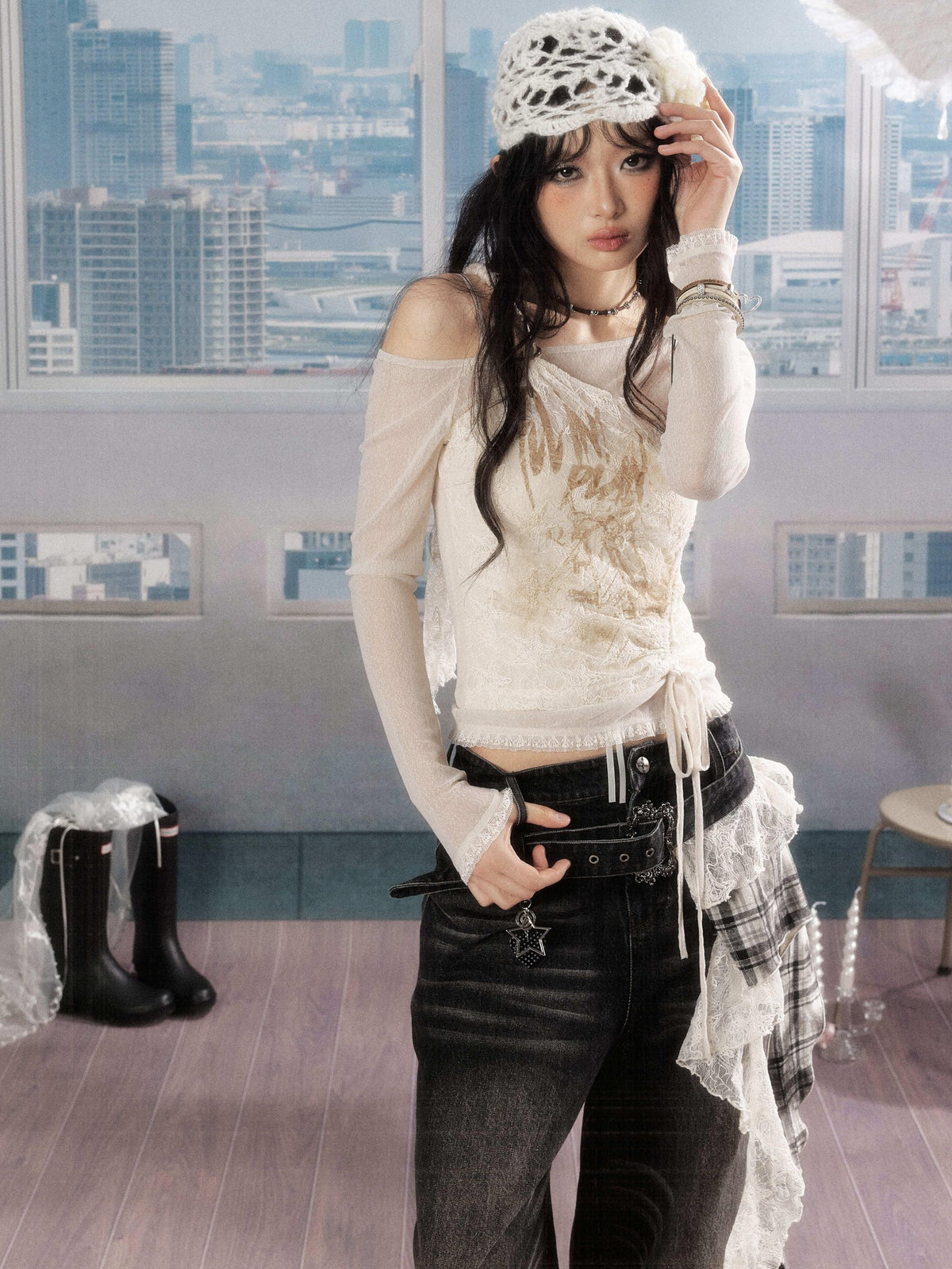ALL iN plan Lace Print Asymmetric One Shoulder Slim Fit Women&