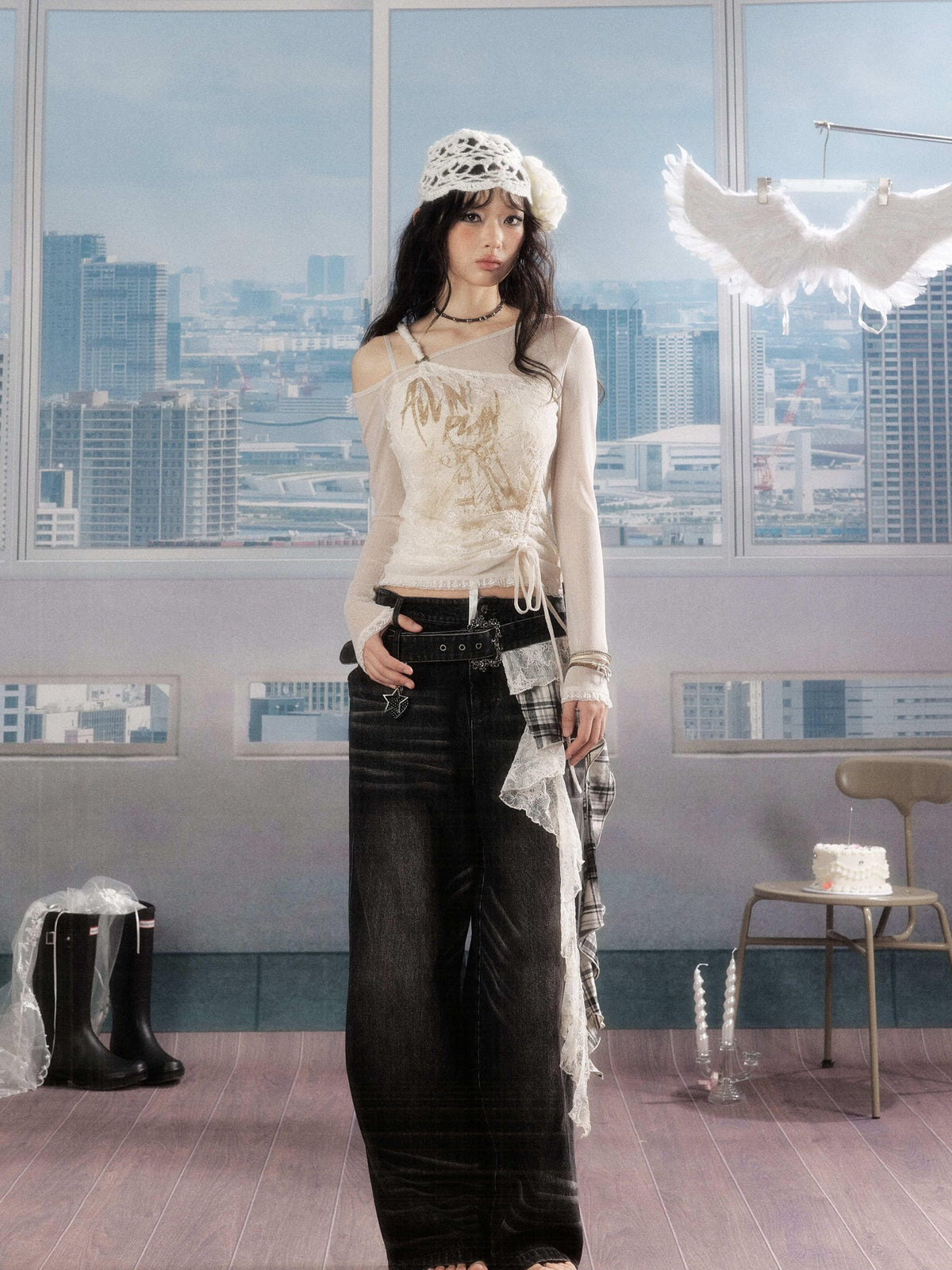 ALL iN plan Lace Print Asymmetric One Shoulder Slim Fit Women&