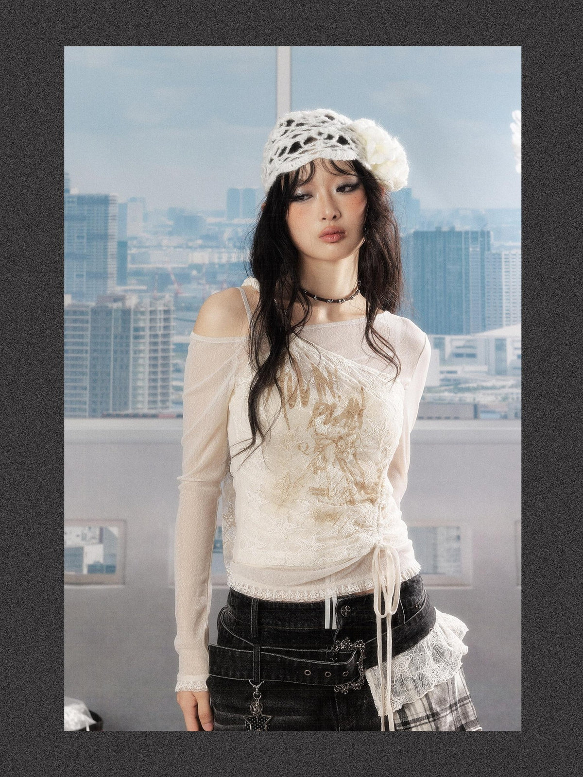 ALL iN plan Lace Print Asymmetric One Shoulder Slim Fit Women&