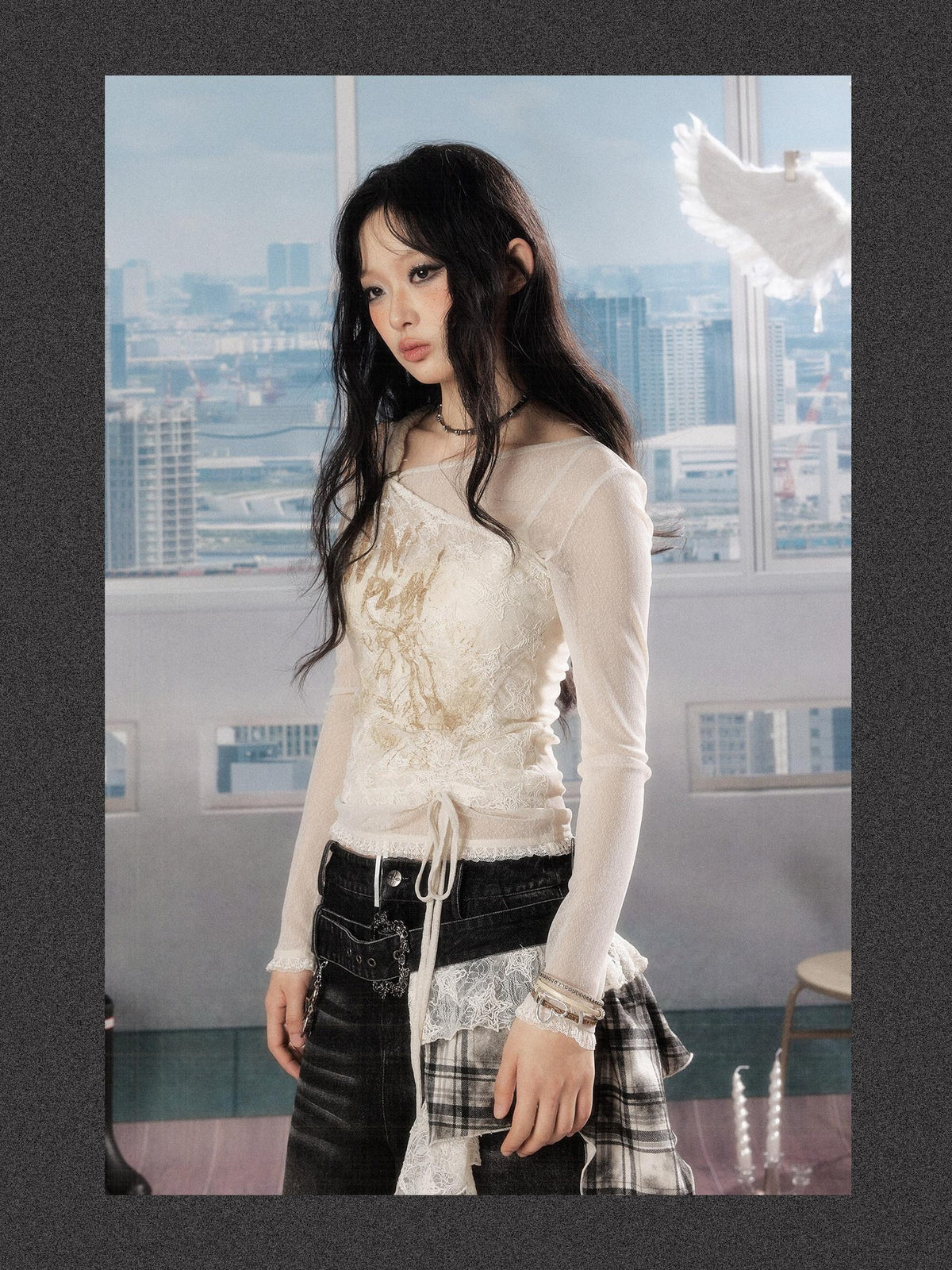 ALL iN plan Lace Print Asymmetric One Shoulder Slim Fit Women&