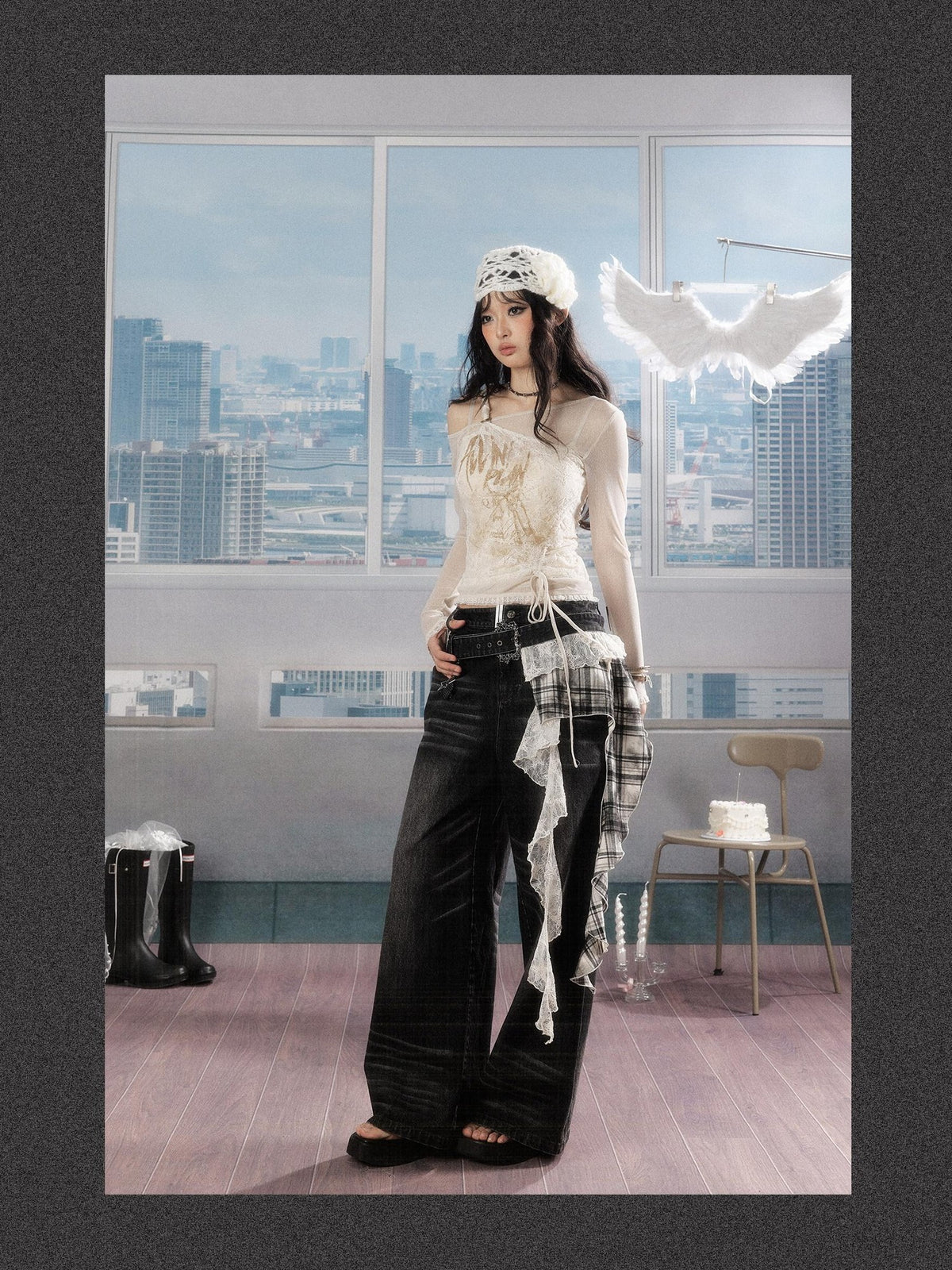 ALL iN plan Lace Print Asymmetric One Shoulder Slim Fit Women&