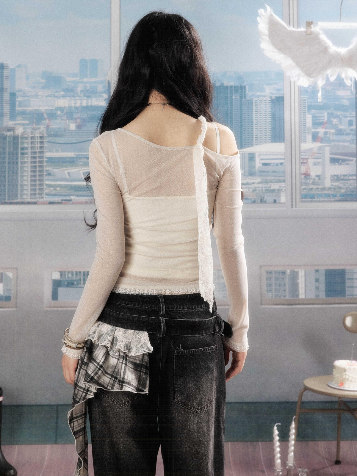 ALL iN plan Lace Print Asymmetric One Shoulder Slim Fit Women&