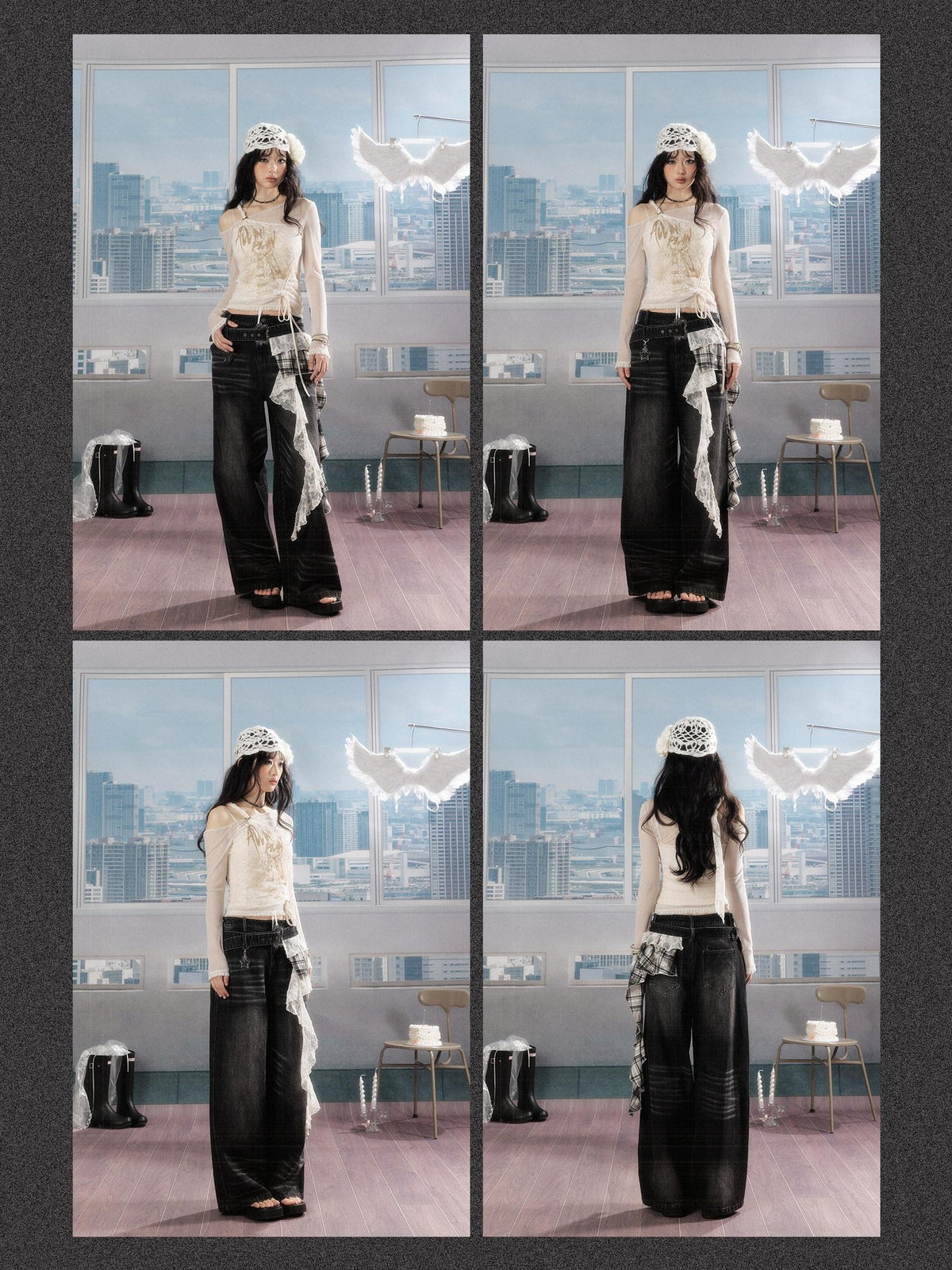 ALL iN plan Lace Print Asymmetric One Shoulder Slim Fit Women&