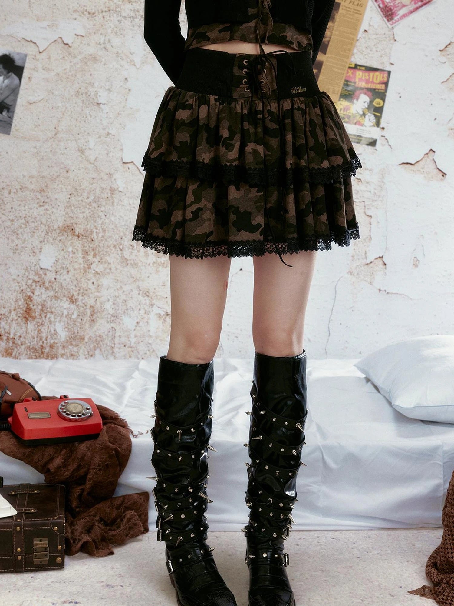 Lace Trimmed Wide Waistband Flared Mini Skirt