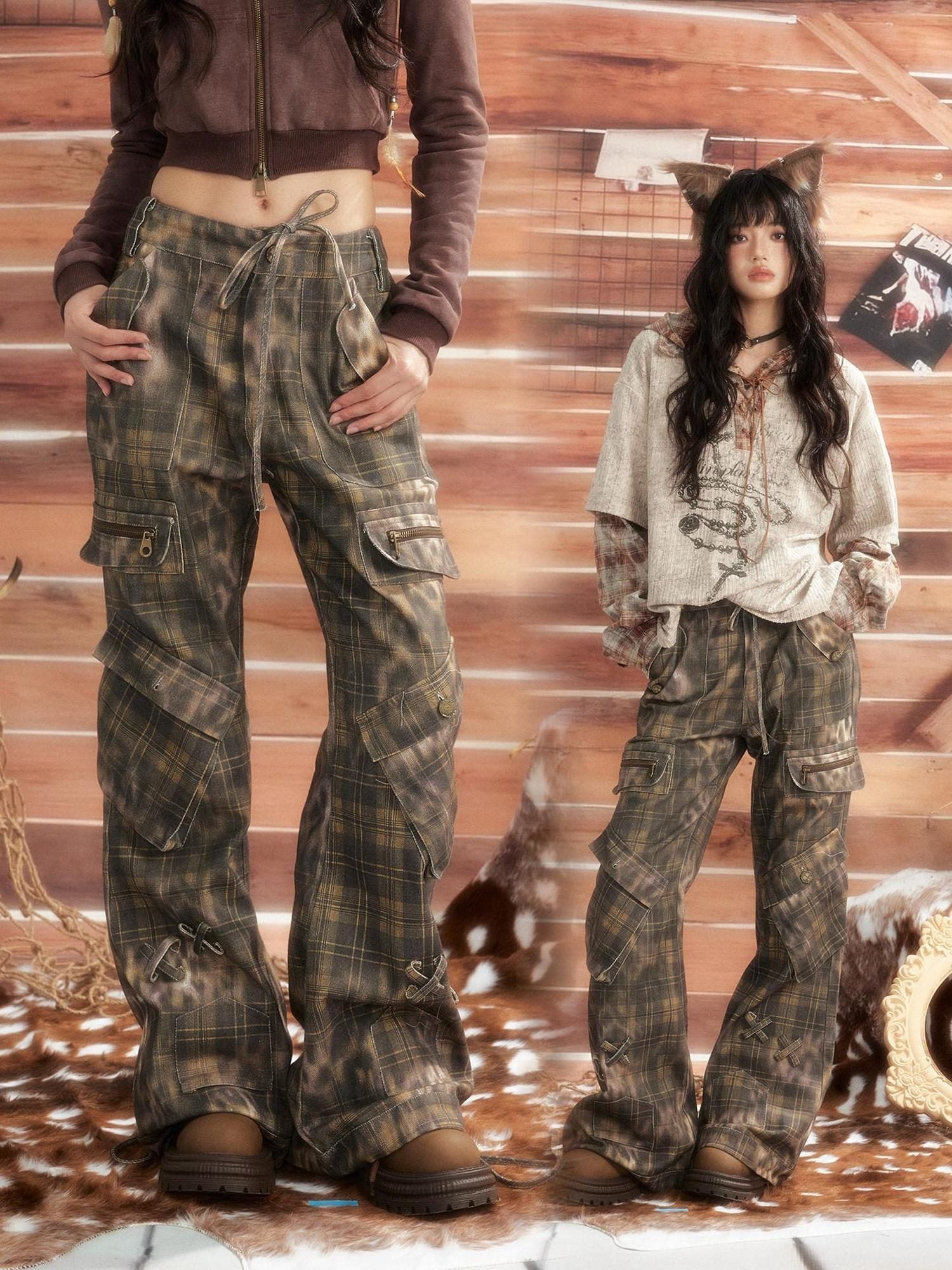 ALL iN plan Leopard Print Vintage Multi Pocket Natural Waist Button Fly Womens Cargo Pants