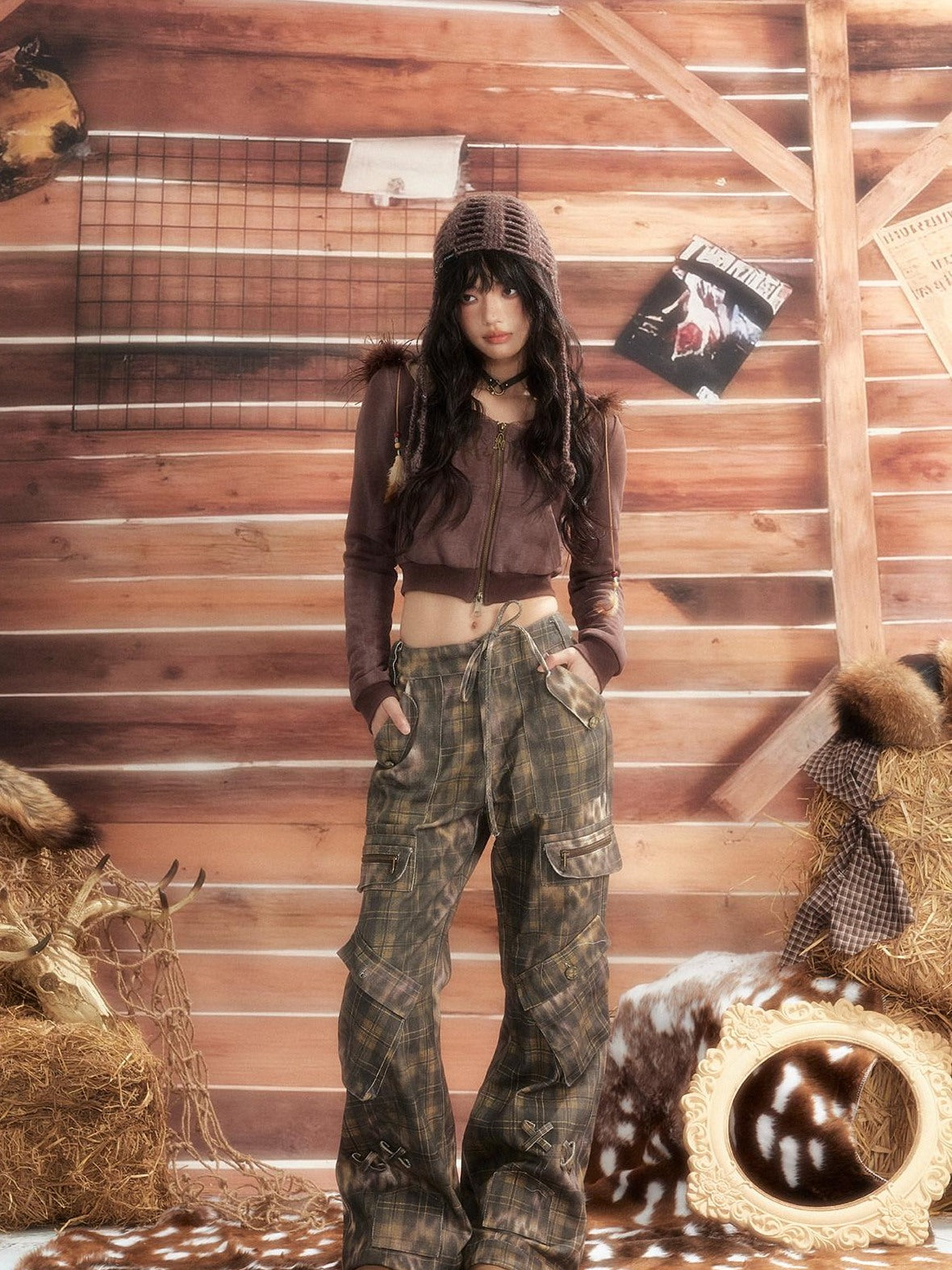 ALL iN plan Leopard Print Vintage Multi Pocket Natural Waist Button Fly Womens Cargo Pants