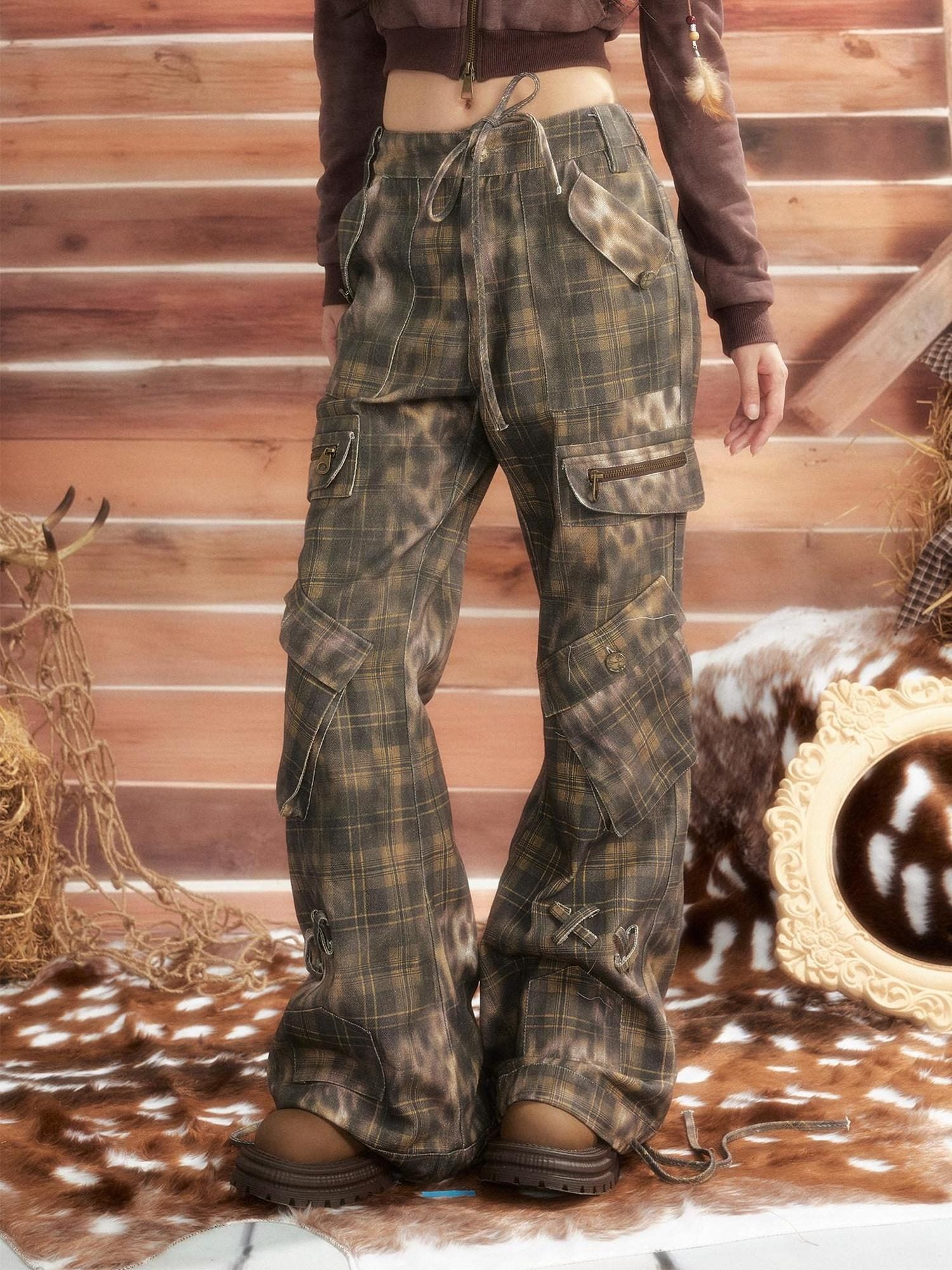 ALL iN plan Leopard Print Vintage Multi Pocket Natural Waist Button Fly Womens Cargo Pants
