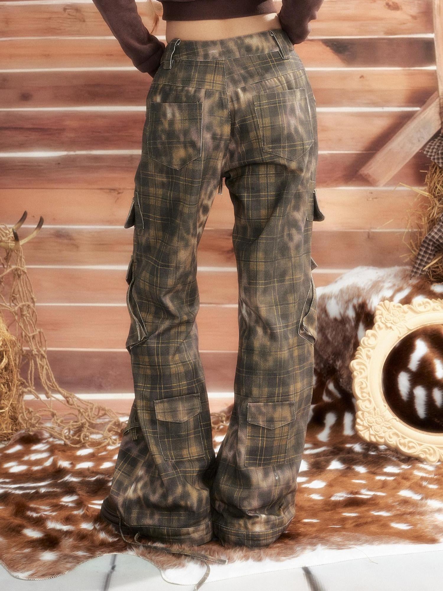 ALL iN plan Leopard Print Vintage Multi Pocket Natural Waist Button Fly Womens Cargo Pants