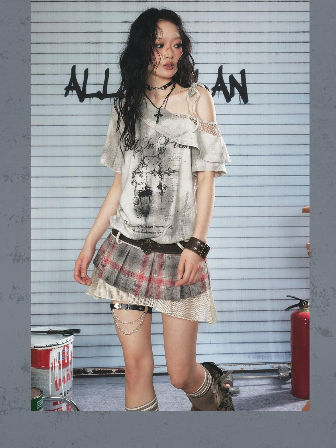 ALL iN plan Light Gray Spliced Print Asymmetric Women&
