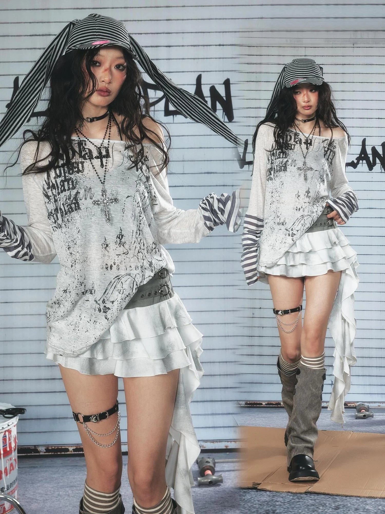 Long Sleeve Graphic Tee with Graffiti Print and Striped Cuffs
