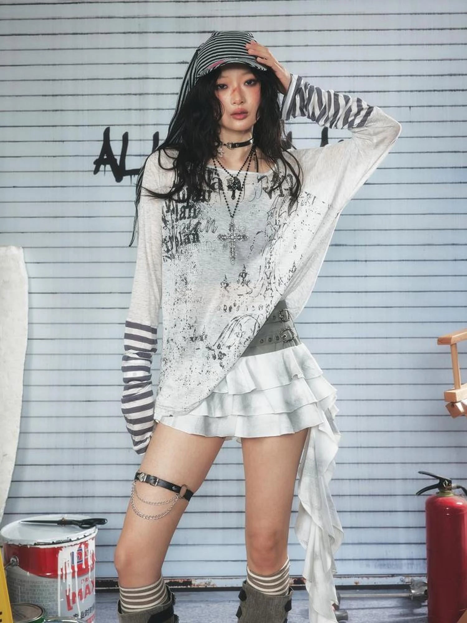 Long Sleeve Graphic Tee with Graffiti Print and Striped Cuffs