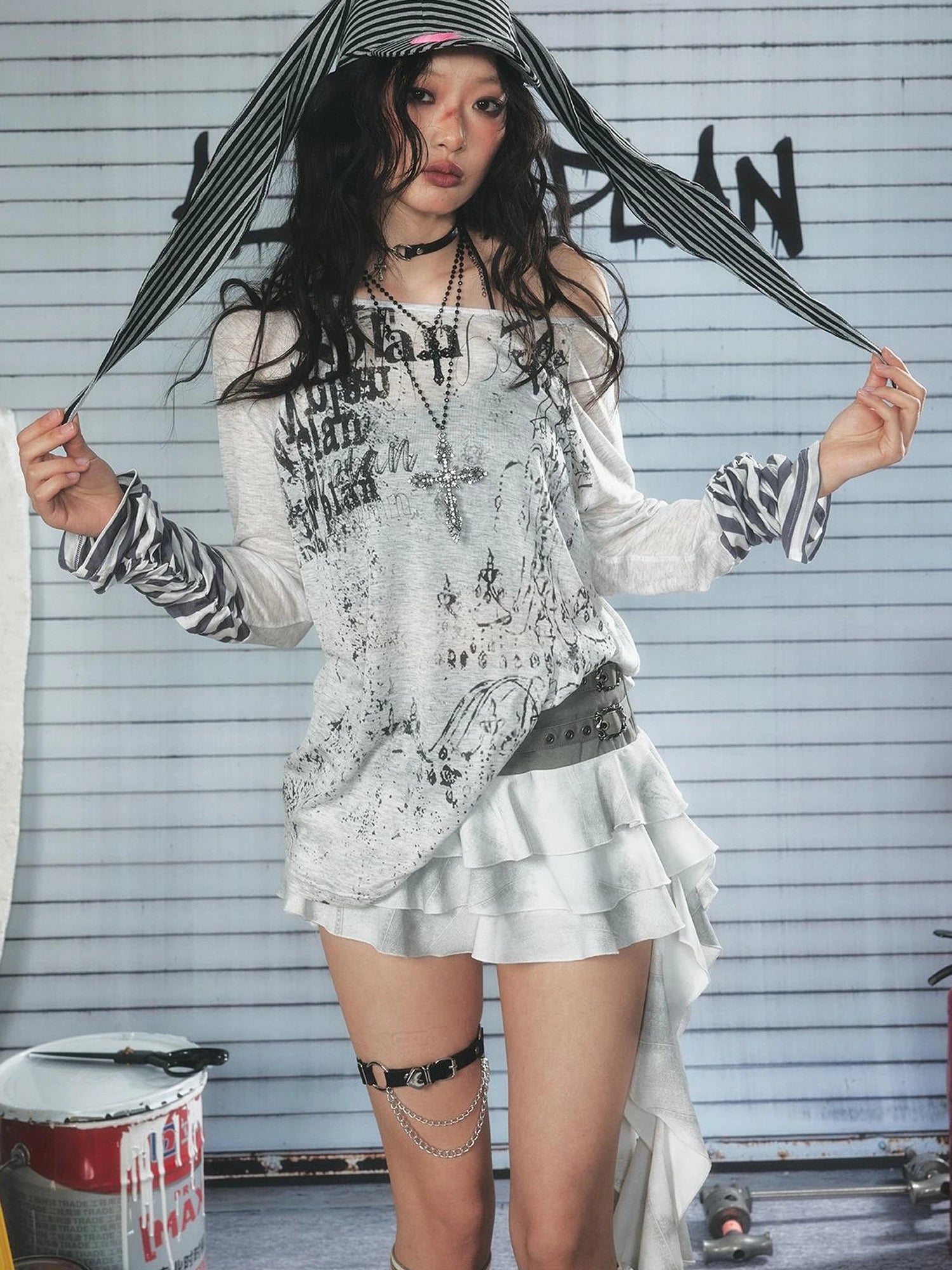 Long Sleeve Graphic Tee with Graffiti Print and Striped Cuffs