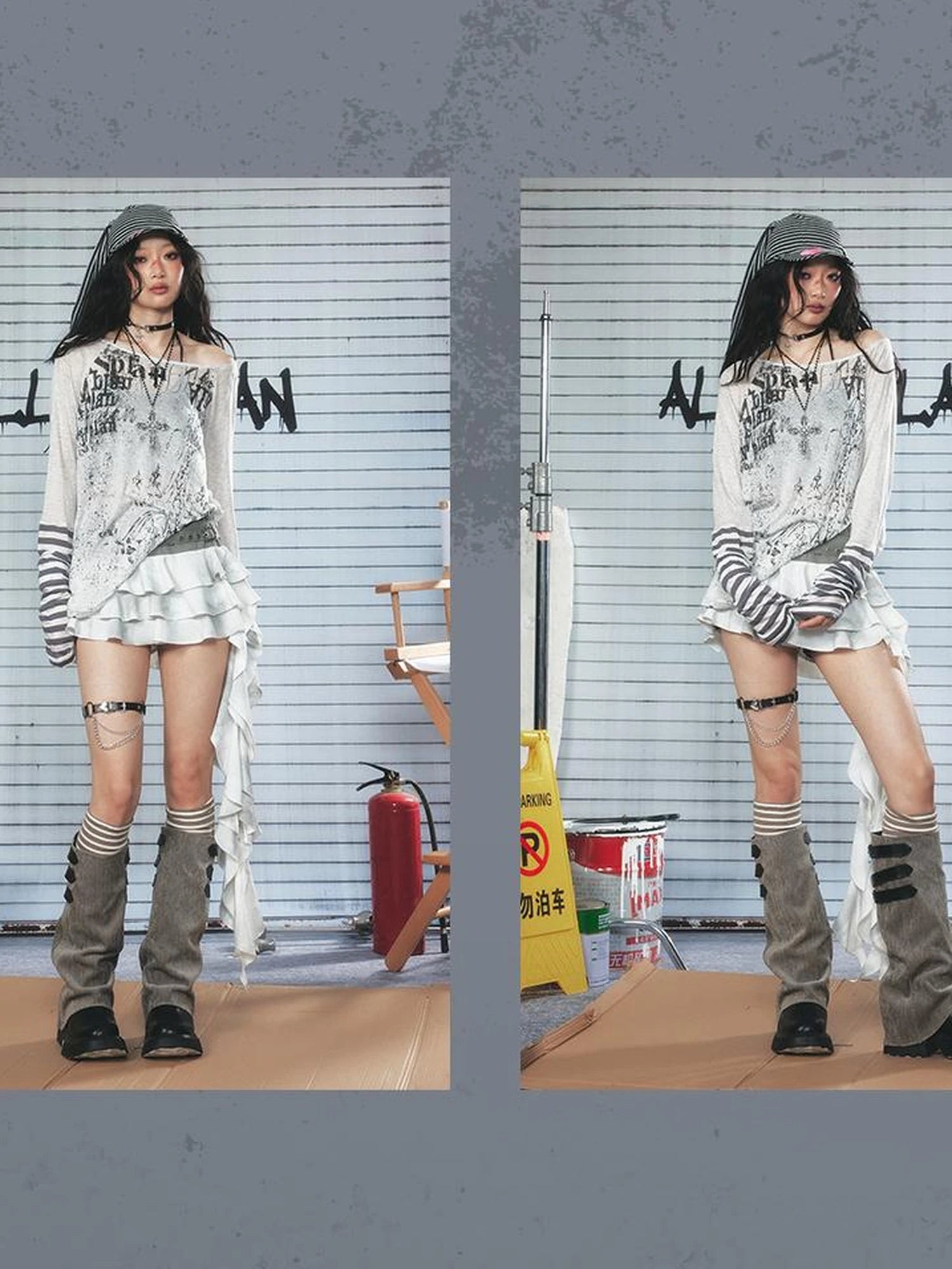 Long Sleeve Graphic Tee with Graffiti Print and Striped Cuffs