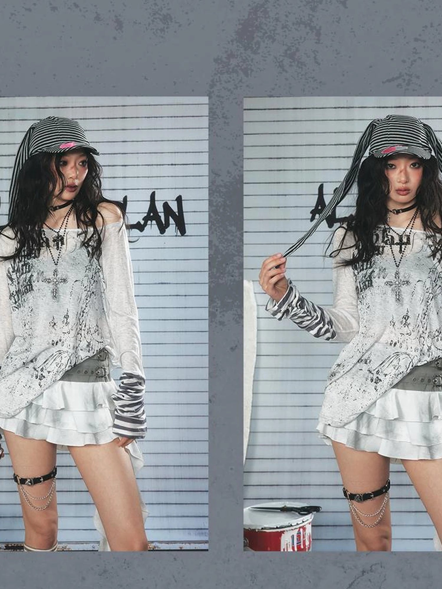Long Sleeve Graphic Tee with Graffiti Print and Striped Cuffs