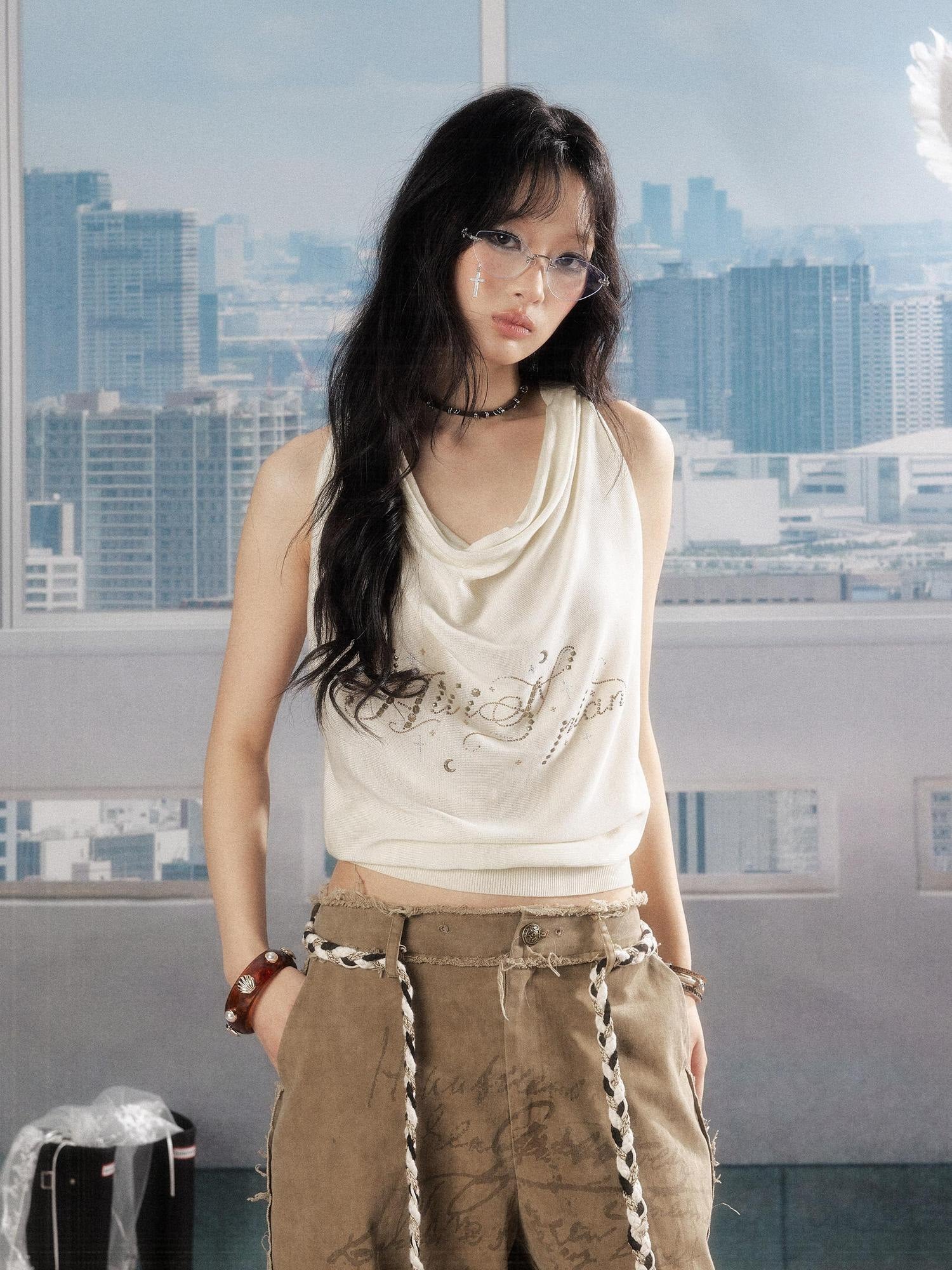 ALL iN plan Loose Fit Collared Cropped No Padding Women Letter Print Halter Tops