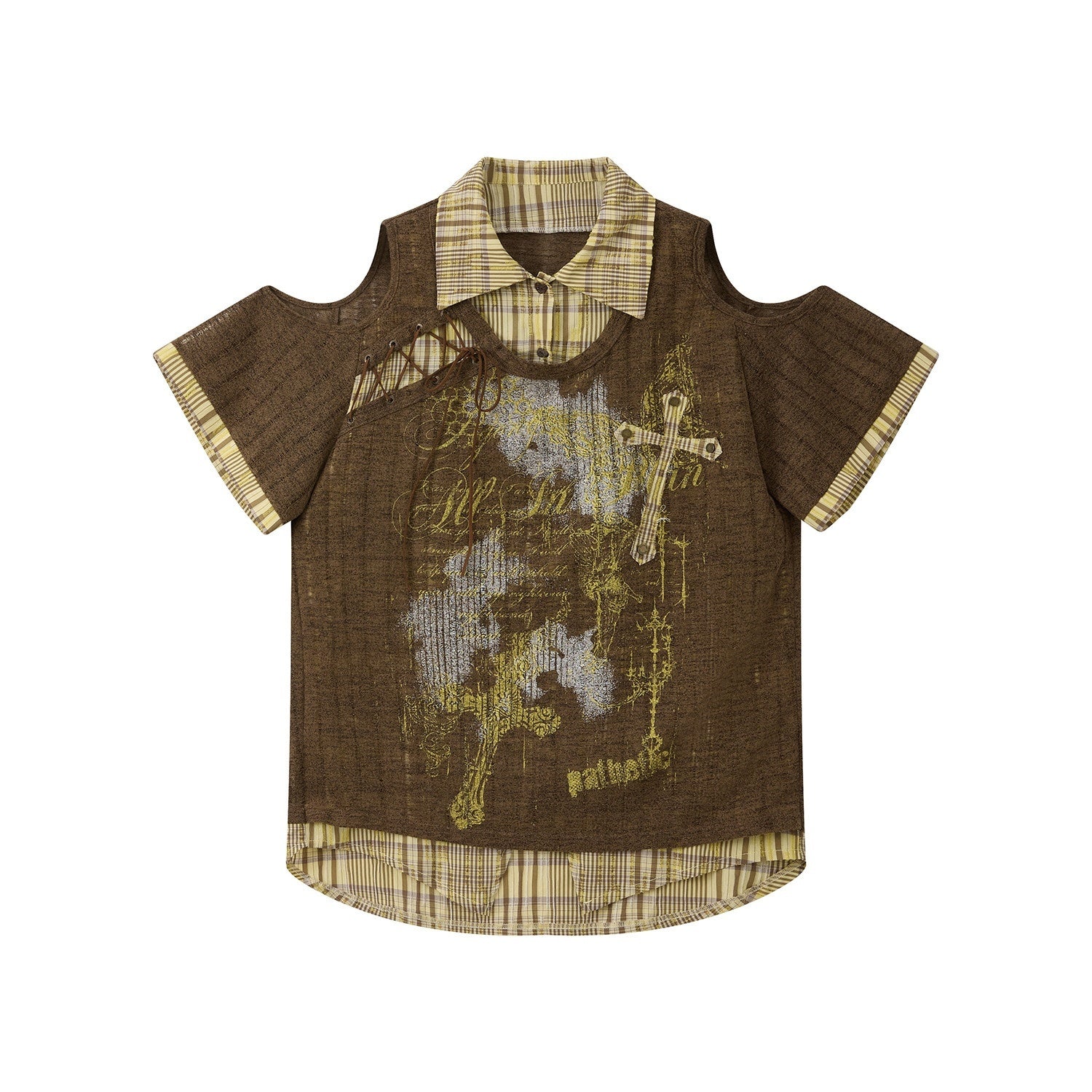 ALL iN plan Loose Printed Faux Layer Button Collar Womens Polyester Short Sleeve T-Shirts