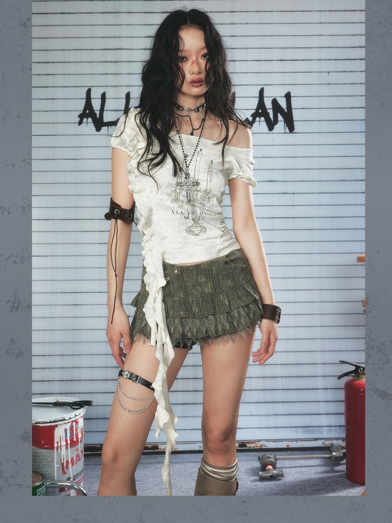 ALL iN plan Low Rise Layered Lace Short Skirt In Green