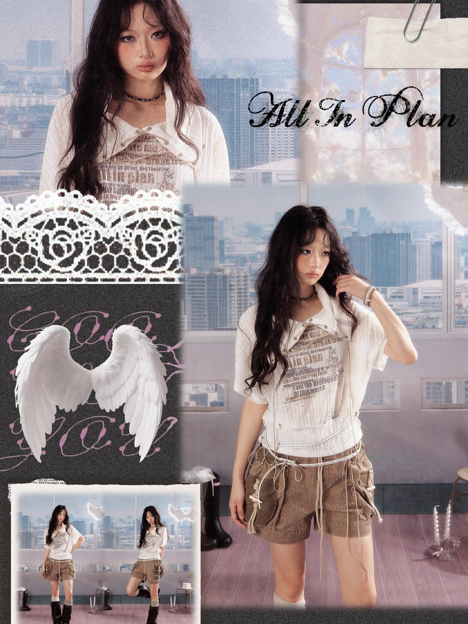 ALL iN plan Luxury Cropped Batwing Polo Collar Lettered Women White Short Sleeve T-Shirts