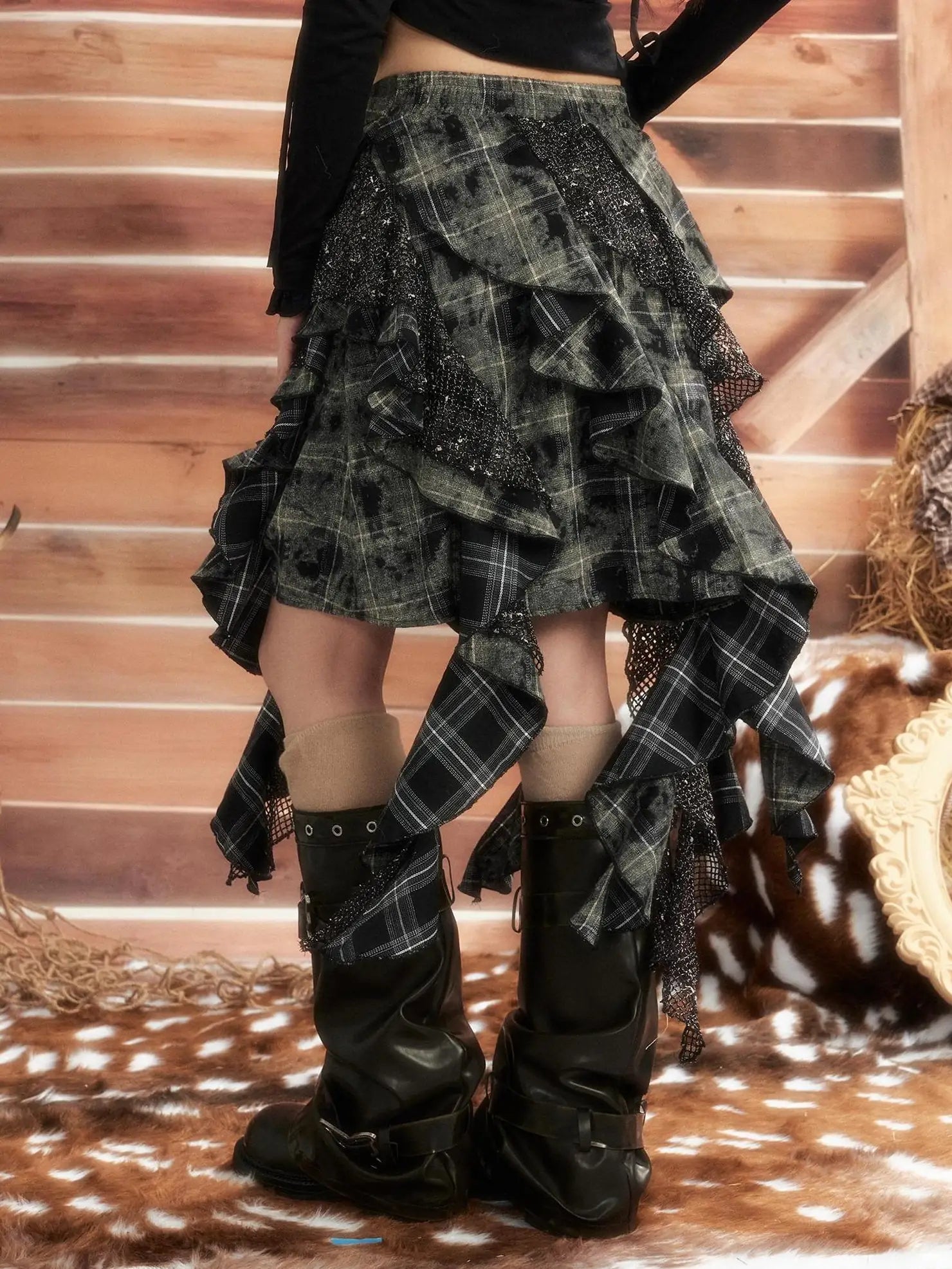 ALL iN plan Moonlight Hunter Asymmetrical Plaid Mesh Skirt Skirt