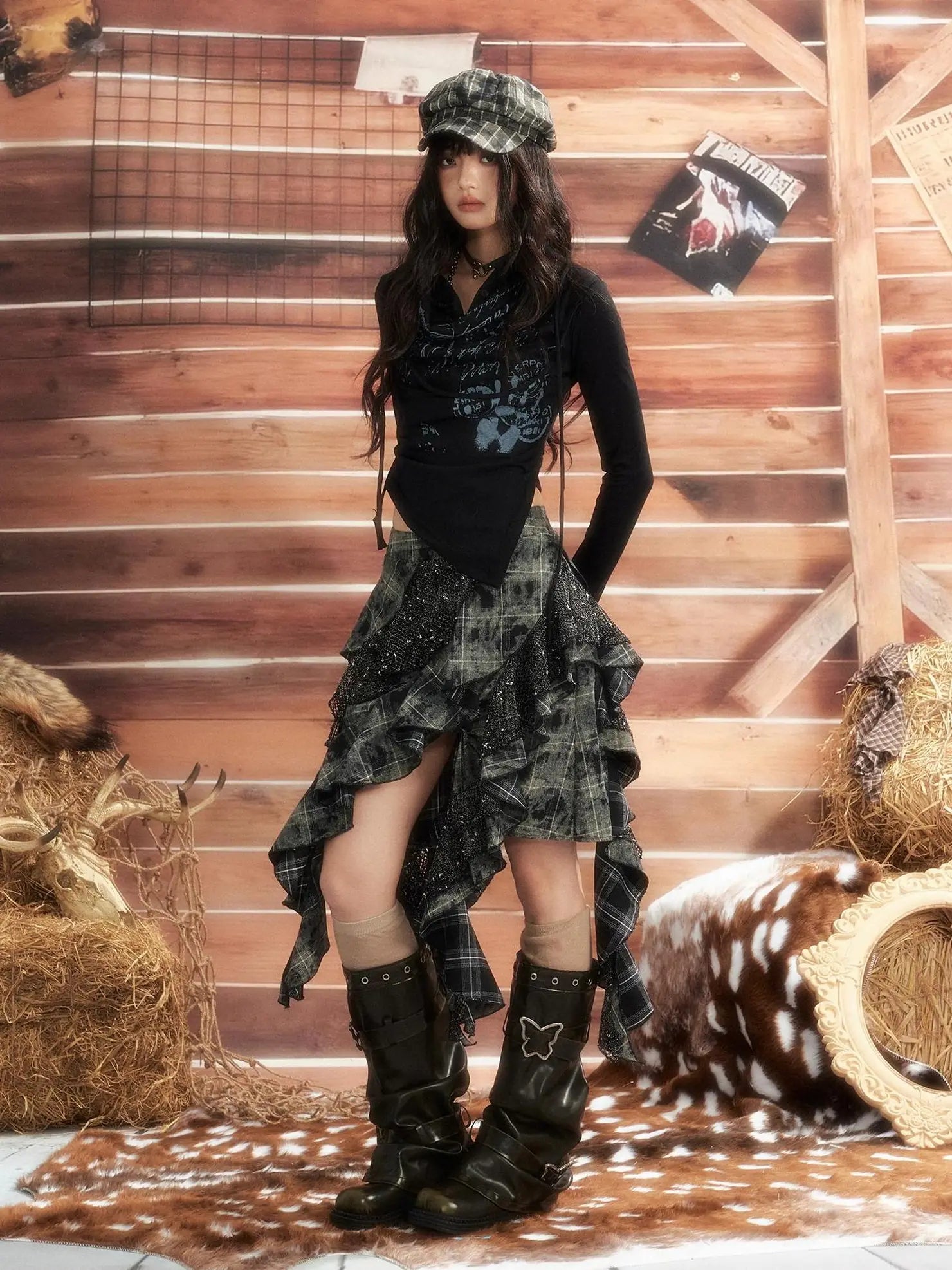 ALL iN plan Moonlight Hunter Asymmetrical Plaid Mesh Skirt Skirt