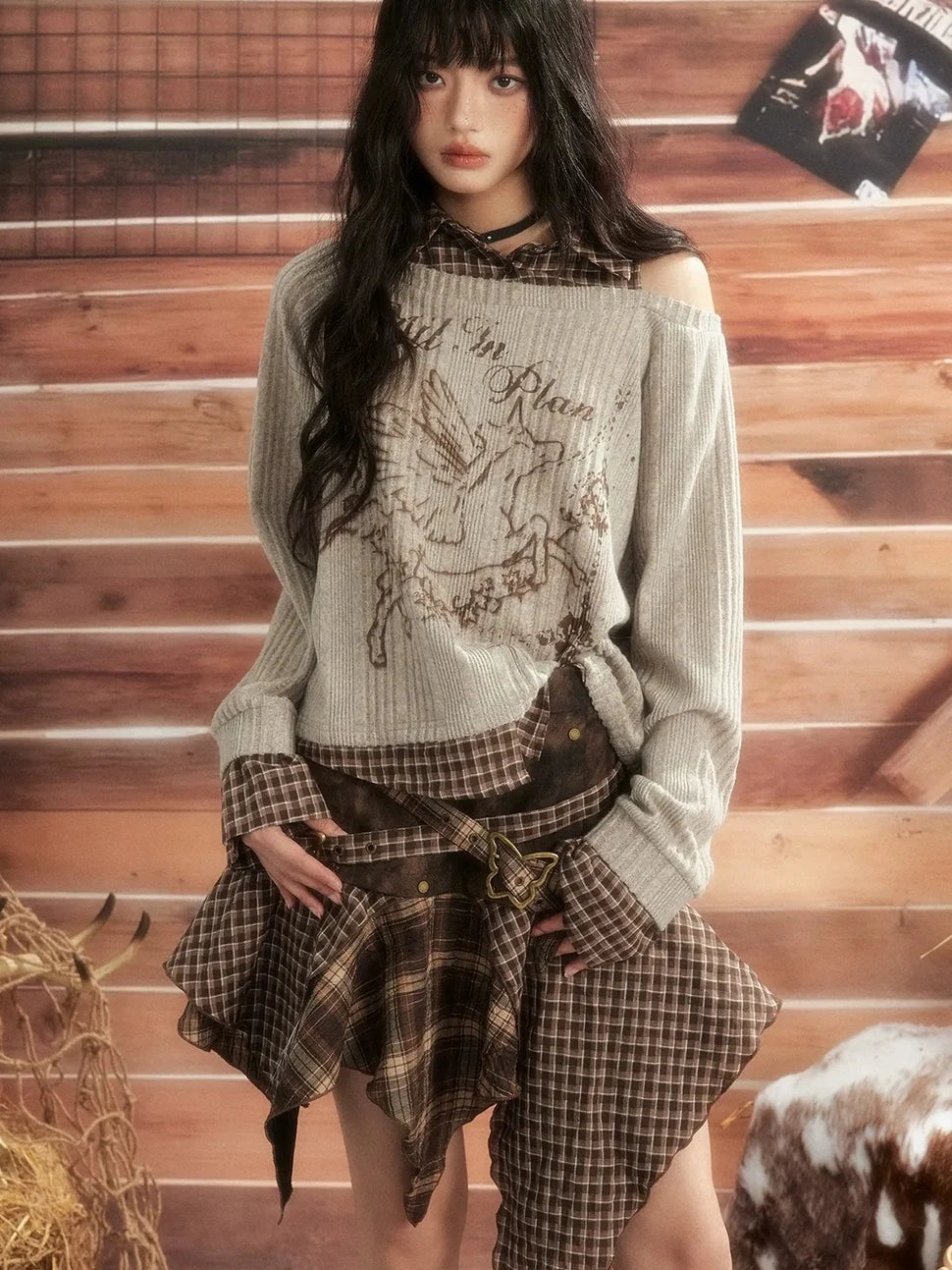 ALL iN plan Moonlight Hunter Plaid Patchwork Asymmetrical Skirt Skirt