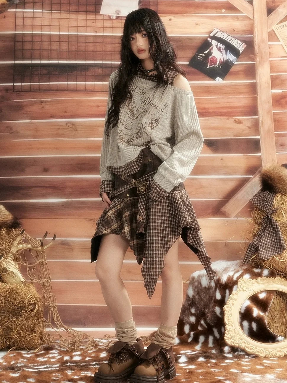 ALL iN plan Moonlight Hunter Plaid Patchwork Asymmetrical Skirt Skirt