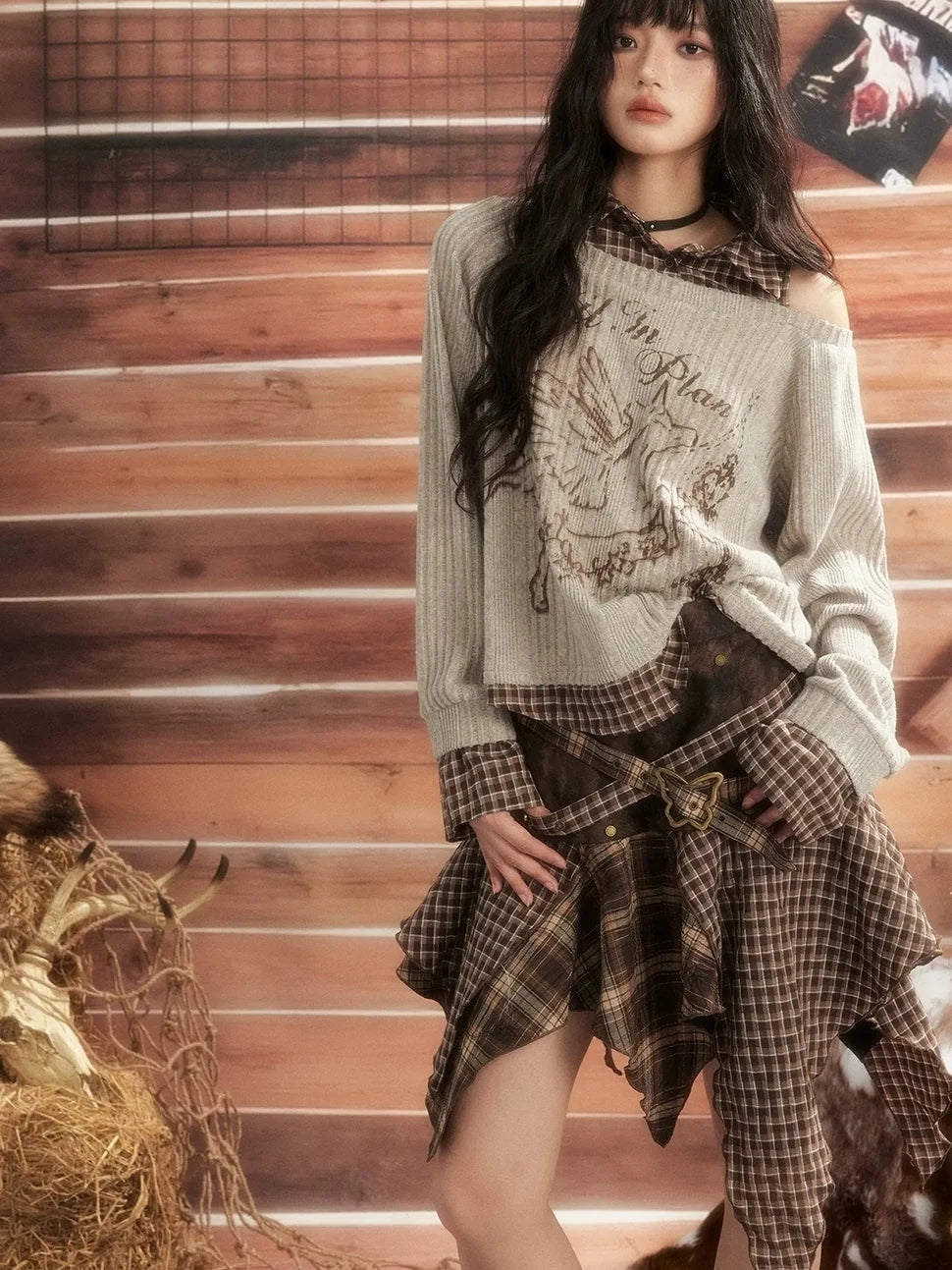 ALL iN plan Moonlight Hunter Plaid Patchwork Asymmetrical Skirt Skirt