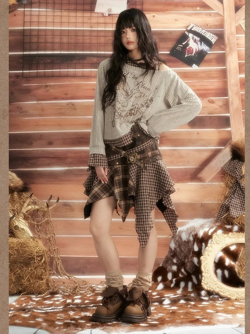 ALL iN plan Moonlight Hunter Plaid Patchwork Asymmetrical Skirt Skirt