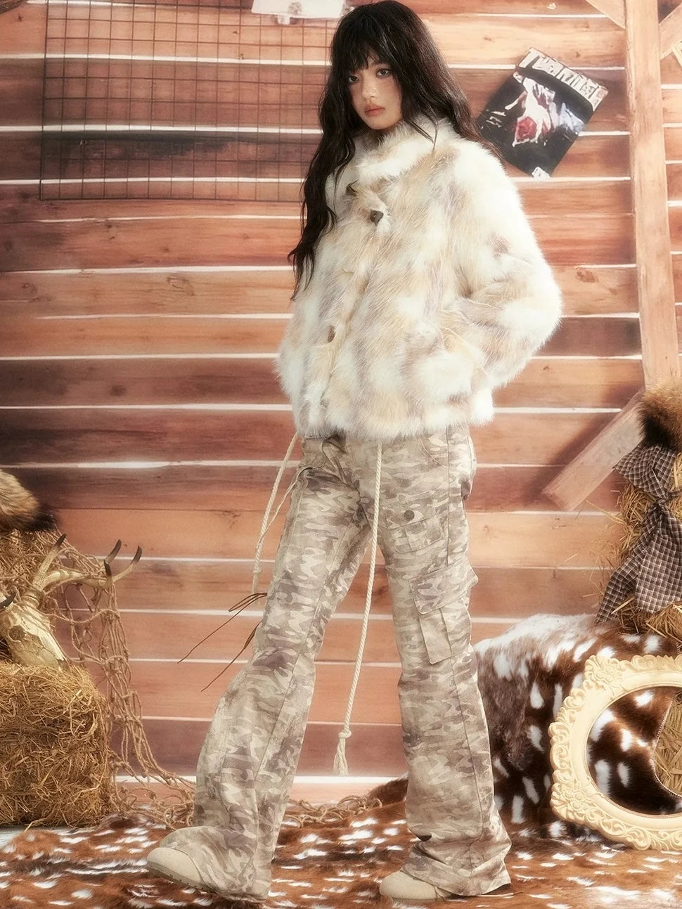 ALL iN plan Moonlight Hunter Plush Stand Collar Fur Coat Jacket