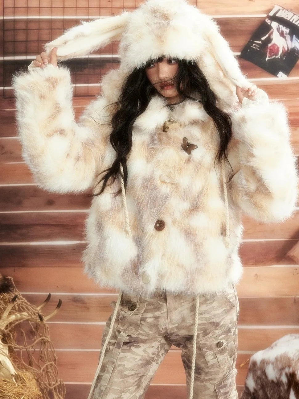 ALL iN plan Moonlight Hunter Plush Stand Collar Fur Coat Jacket