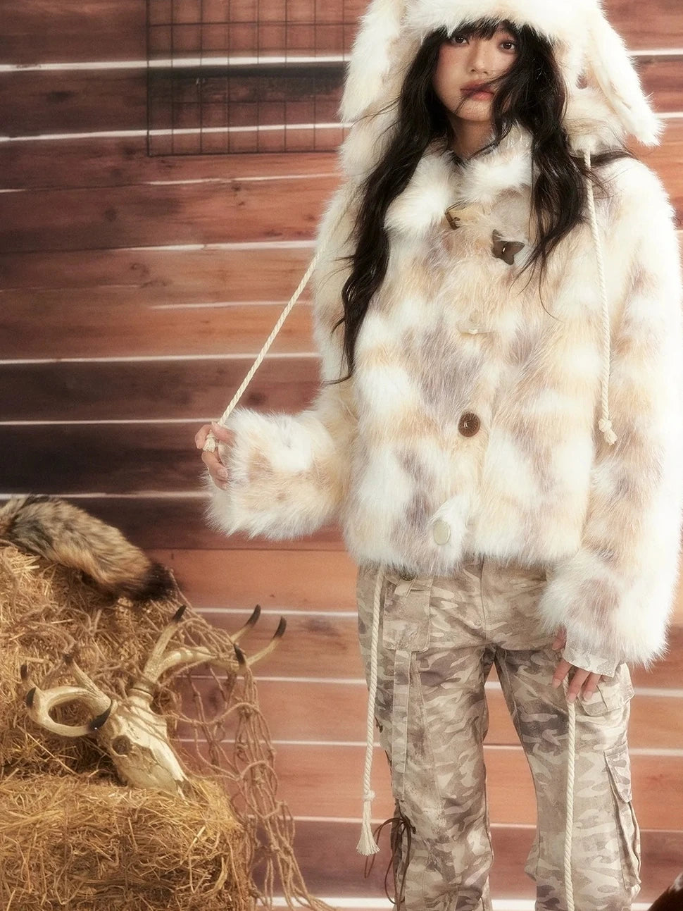 ALL iN plan Moonlight Hunter Plush Stand Collar Fur Coat Jacket