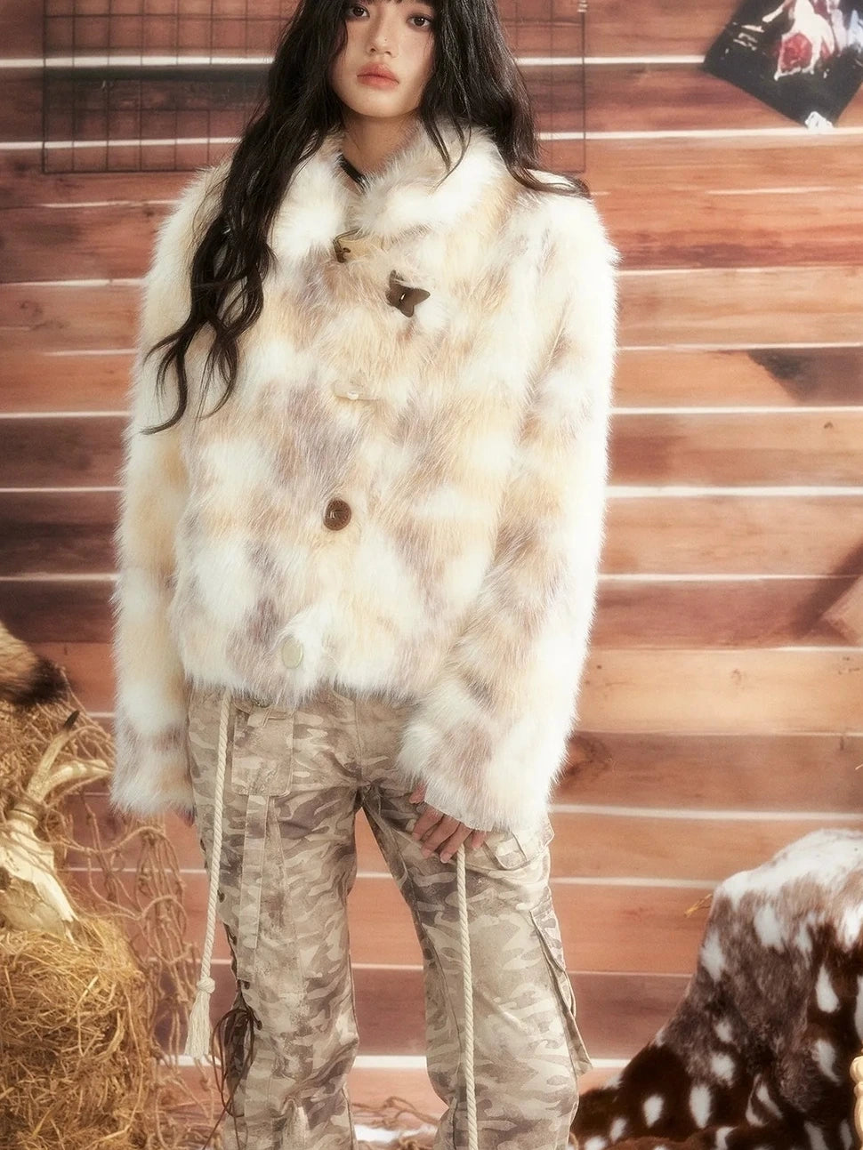 ALL iN plan Moonlight Hunter Plush Stand Collar Fur Coat Jacket