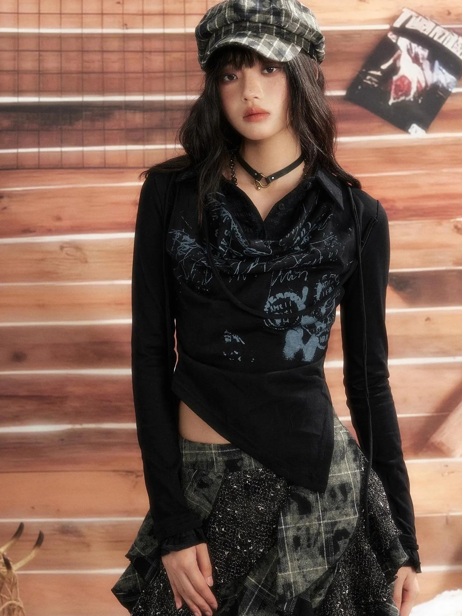 ALL iN plan Moonlight Hunter Retro Graffiti Knit V-neck T-shirt Long Sleeve Top Cardigan