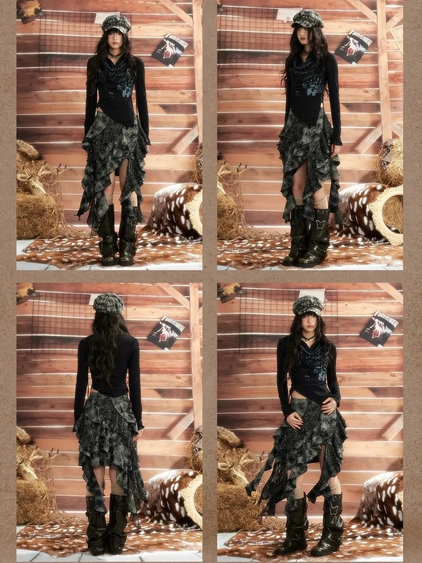 ALL iN plan Moonlight Hunter Retro Graffiti Knit V-neck T-shirt Long Sleeve Top Cardigan