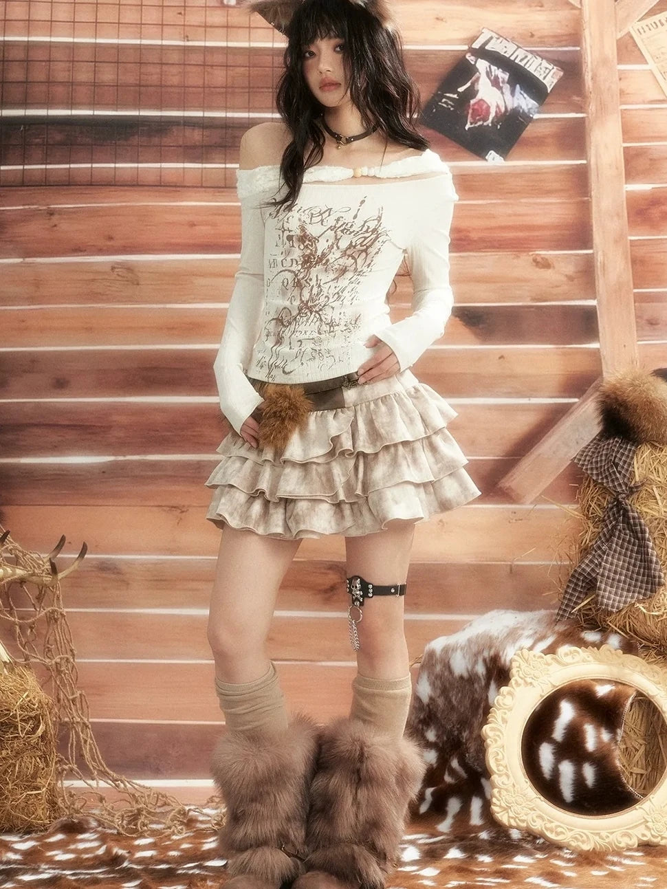 ALL iN plan Moonlight Hunter Slant Shoulder Print Knit Top Cardigan