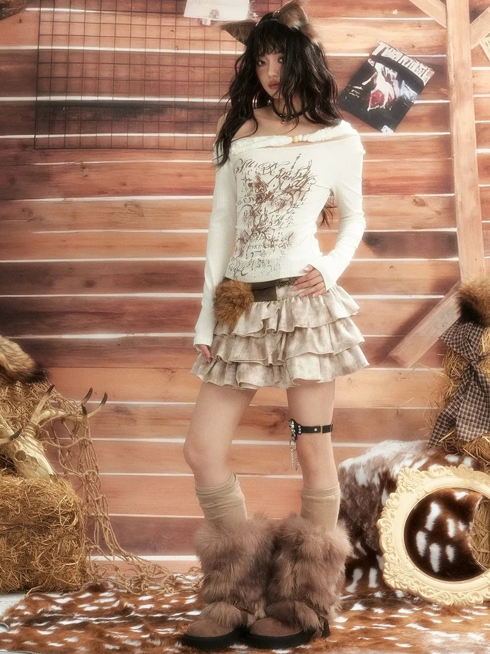 ALL iN plan Moonlight Hunter Slant Shoulder Print Knit Top Cardigan