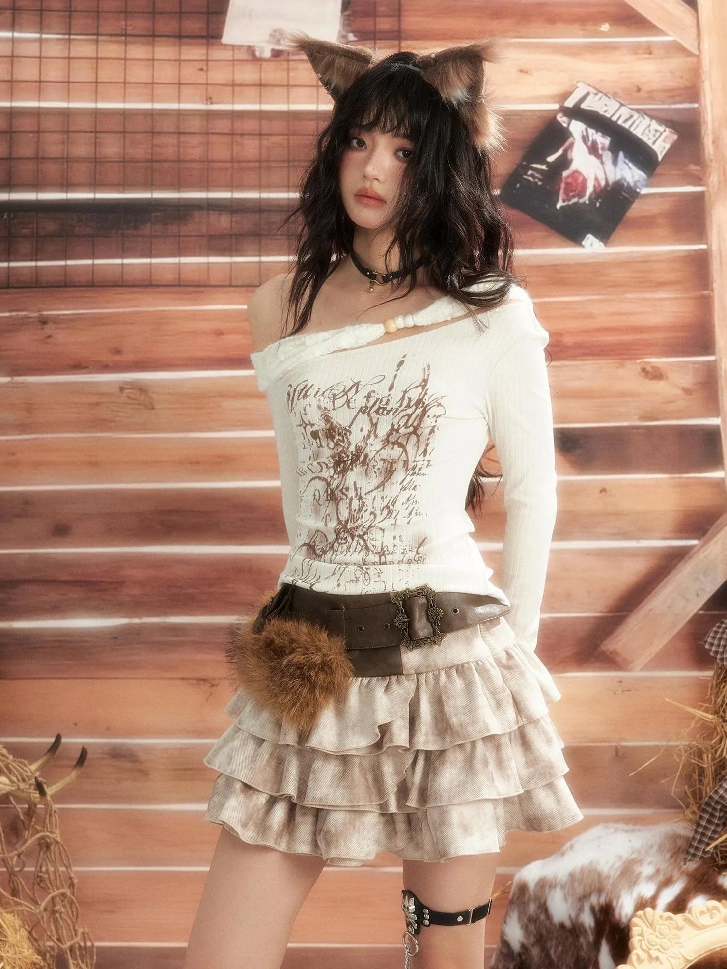 ALL iN plan Moonlight Hunter Slant Shoulder Print Knit Top Cardigan