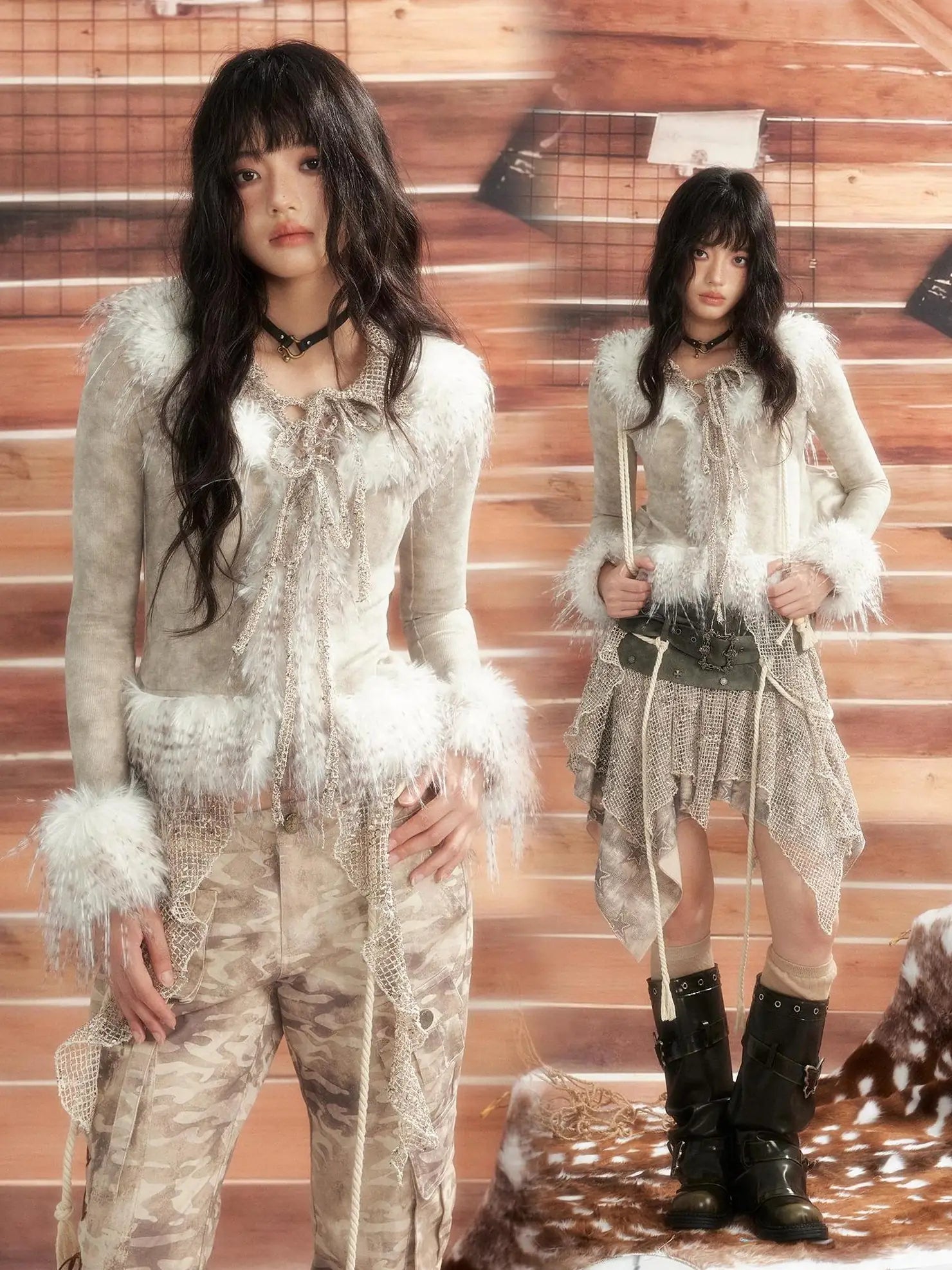 ALL iN plan Moonlight Hunter Tie Dye Mesh Fur Trim Top Cardigan