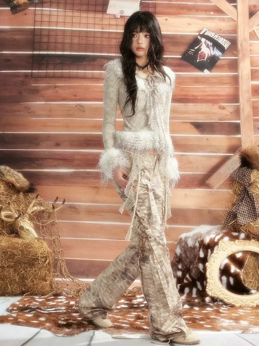 ALL iN plan Moonlight Hunter Tie Dye Mesh Fur Trim Top Cardigan