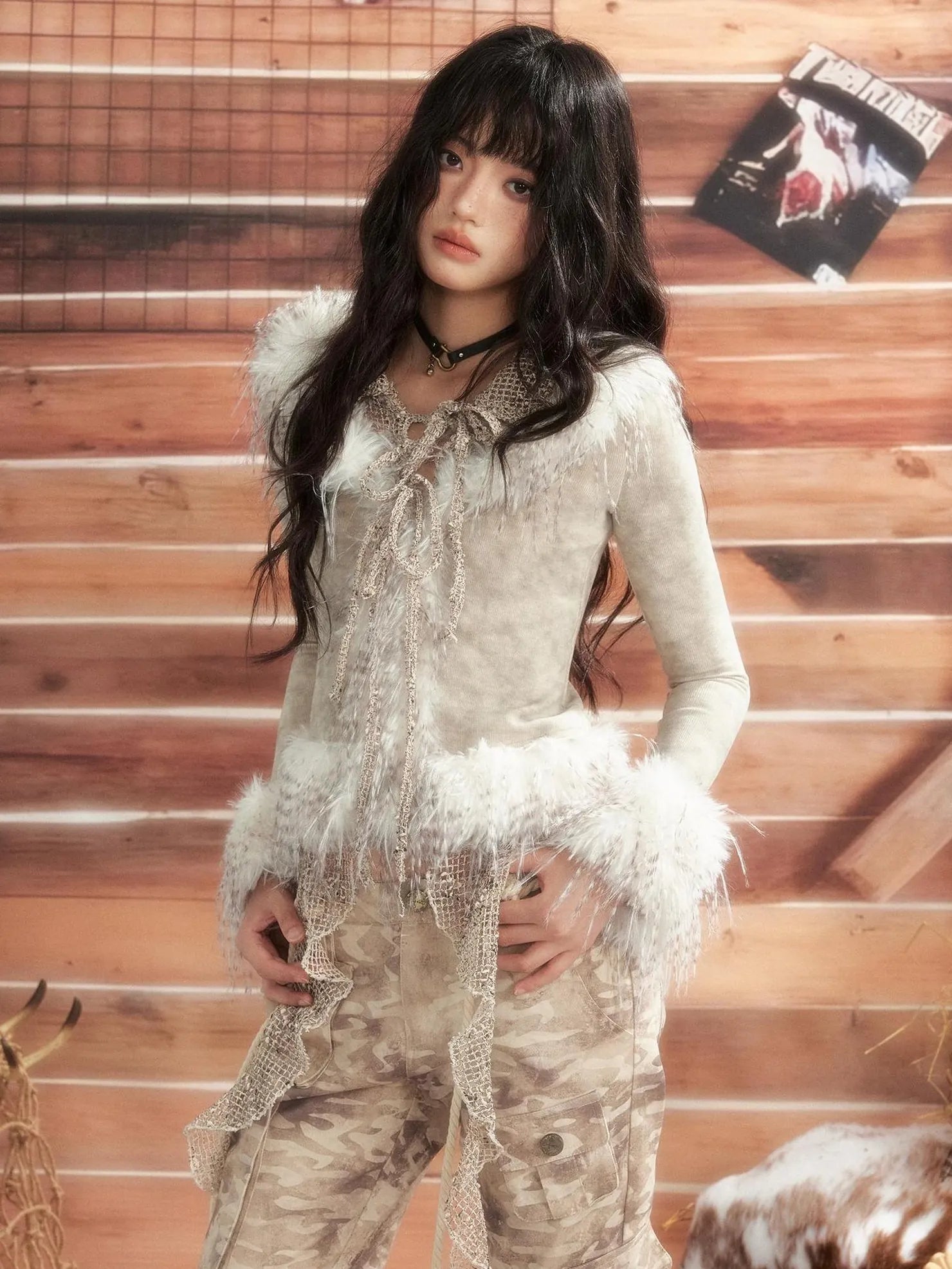 ALL iN plan Moonlight Hunter Tie Dye Mesh Fur Trim Top Cardigan