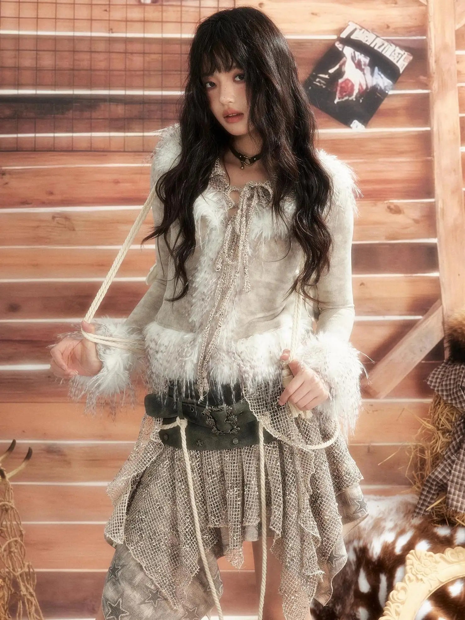 ALL iN plan Moonlight Hunter Tie Dye Mesh Fur Trim Top Cardigan