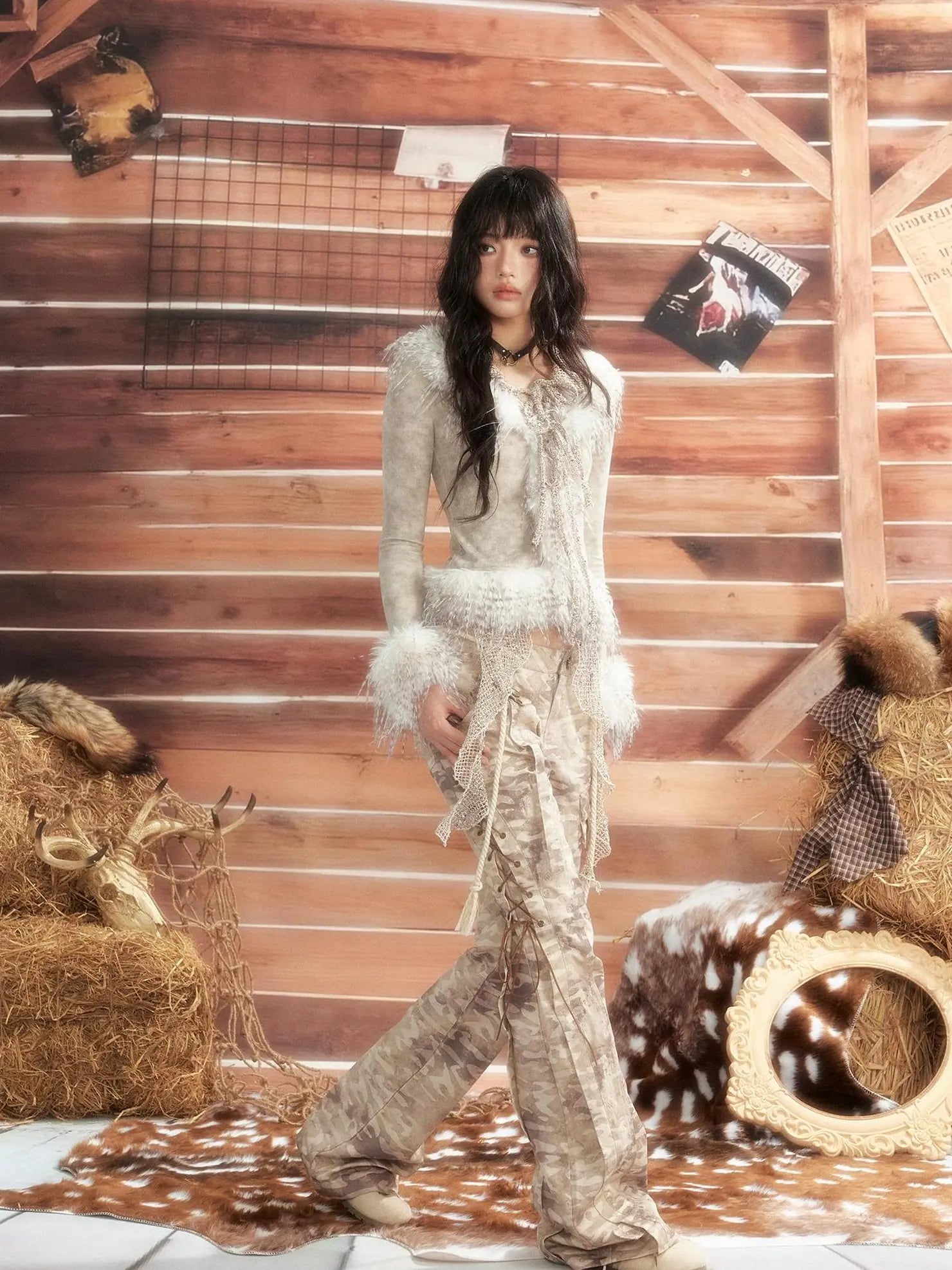 ALL iN plan Moonlight Hunter Tie Dye Mesh Fur Trim Top Cardigan