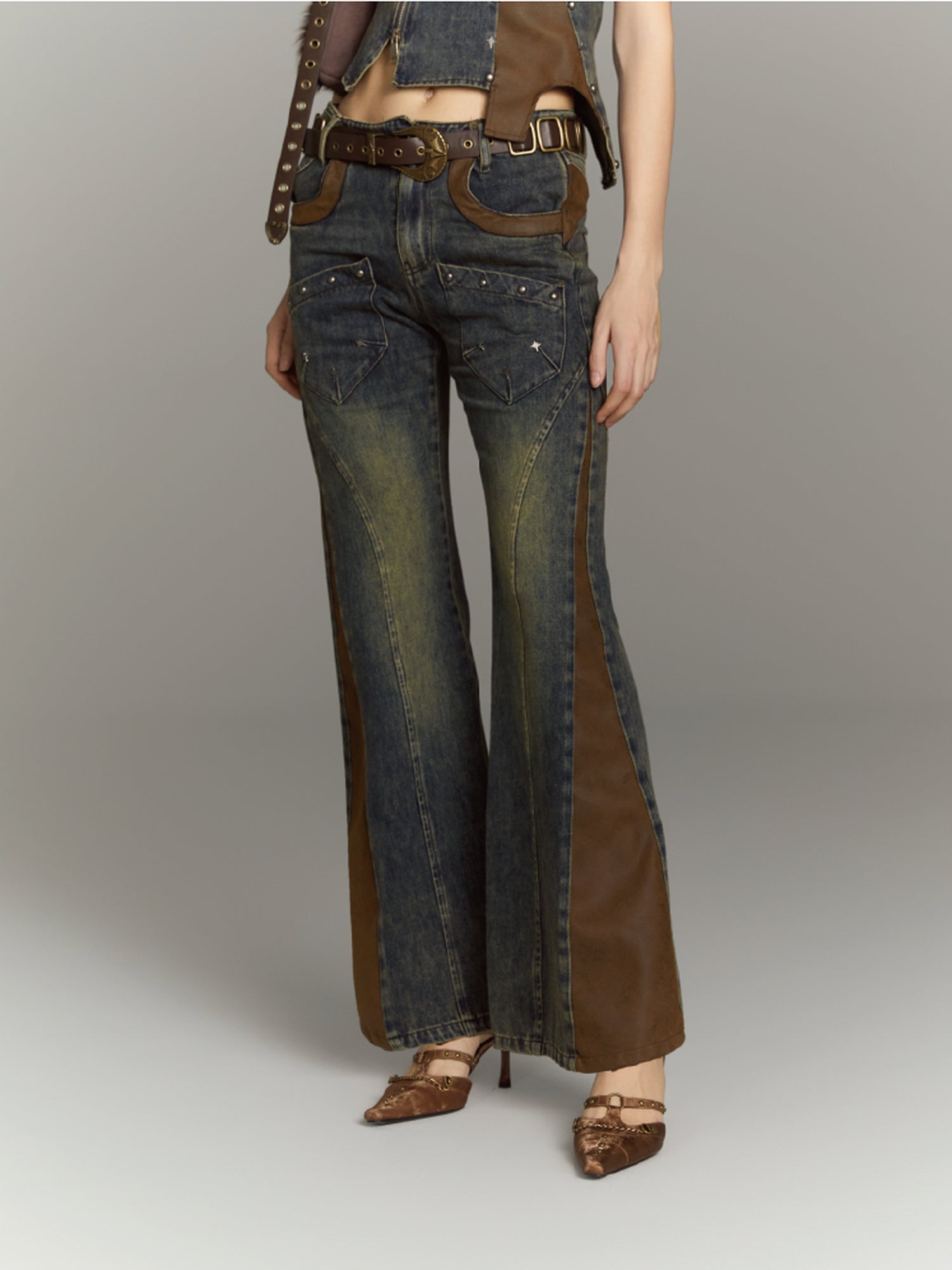 ALL iN plan Patchwork Flared Jeans High Waist Slim Fit Iridescent Design